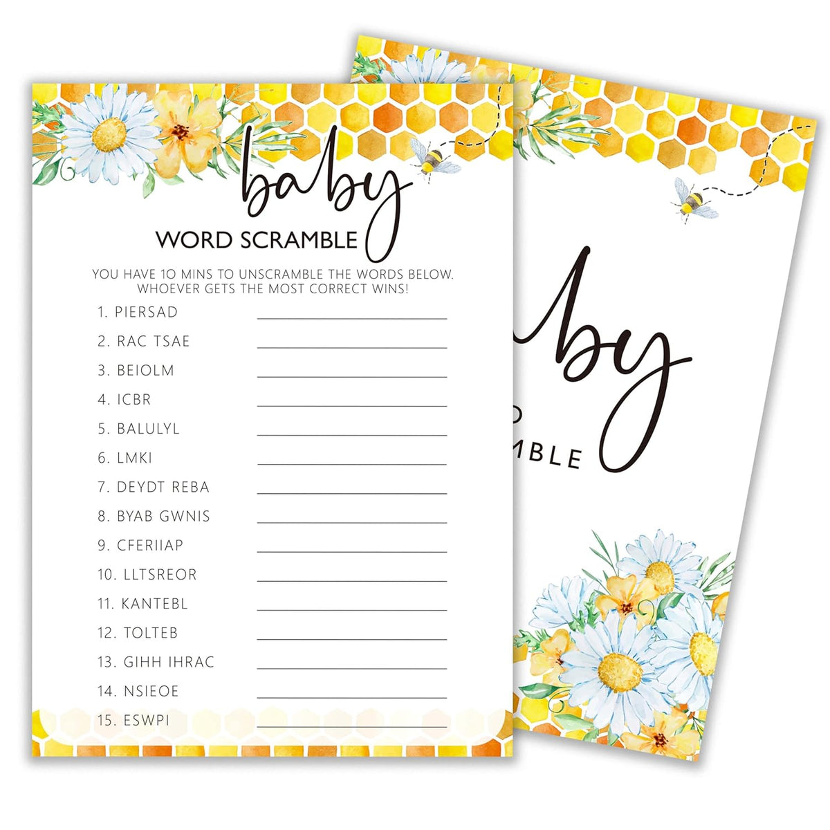 Bee Gender Neutral Games, Summer Daisy Word Scramble Game For Party Supplies & Favor, 5X7 In & Set Of 25-A07