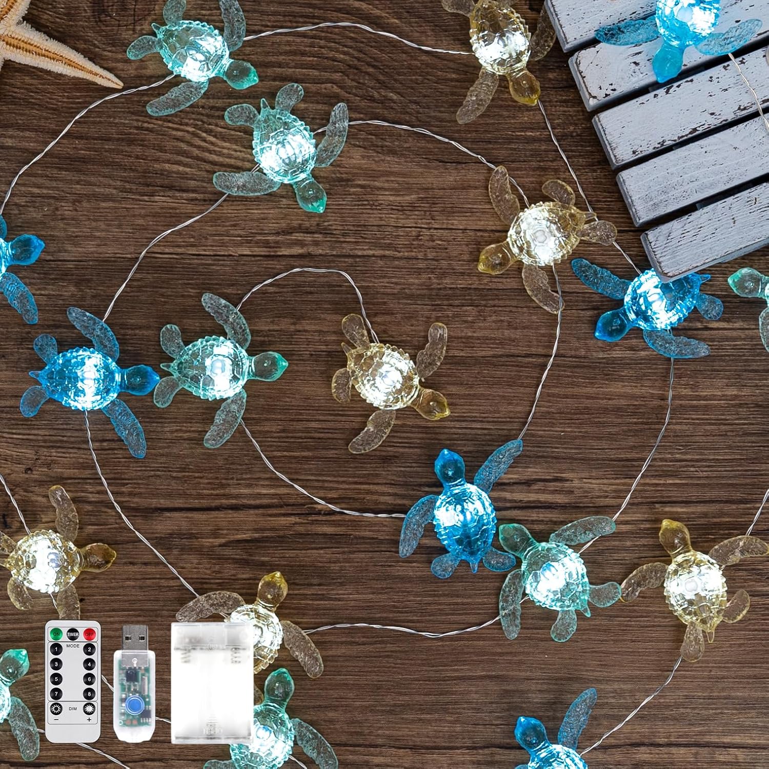 Turtle Decor String Lights, Beach Theme Decorations Lights For Christmas Decorations, Remote 10 Ft 30 Leds With Battery