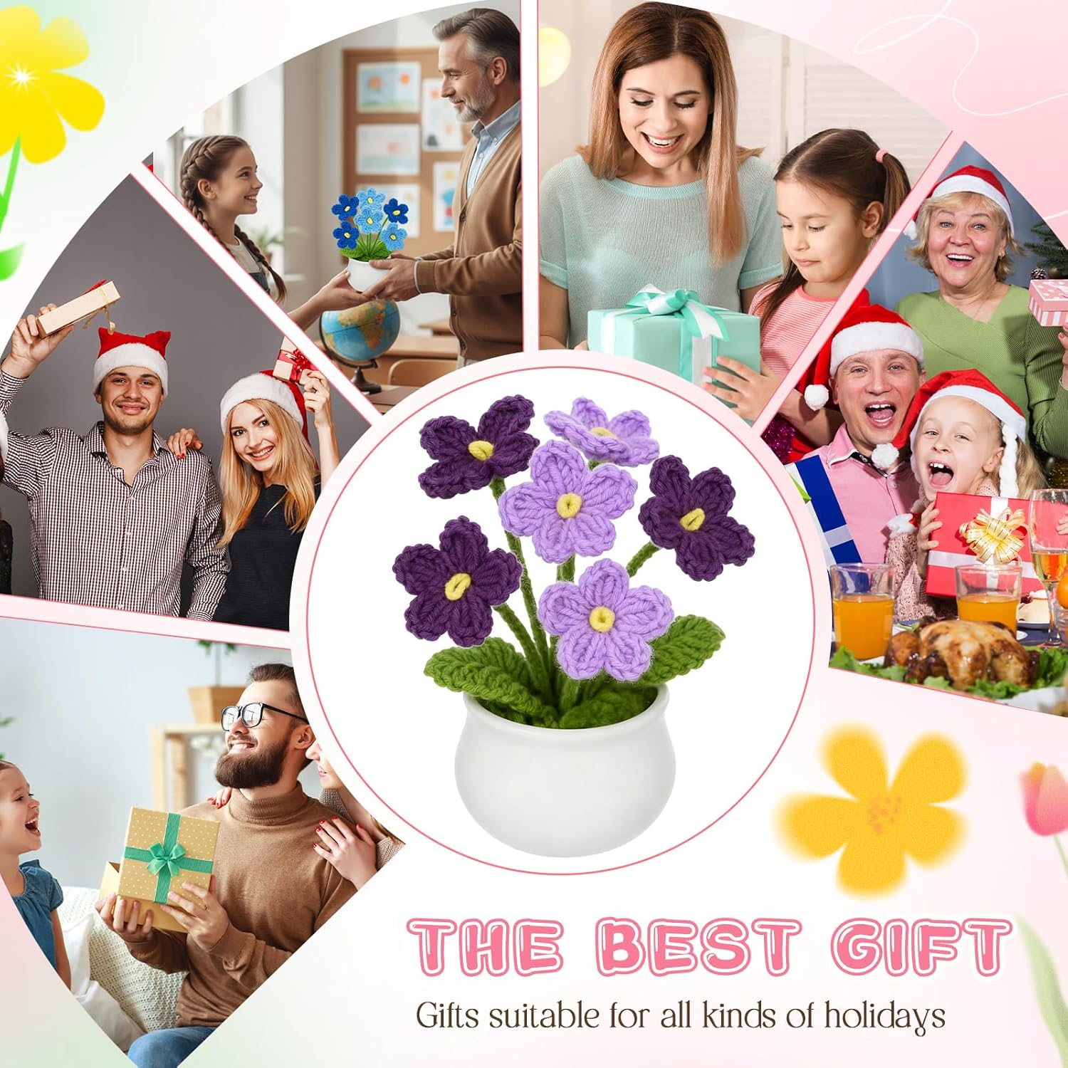 10 Pcs Crochet Flower Potted Plants Gifts, Artificial Handmade Knitted Flowers Cute Fake Plant For Mother Valentine Teacher Employee Coworker Gifts And Home Decor (Forget Me Not)