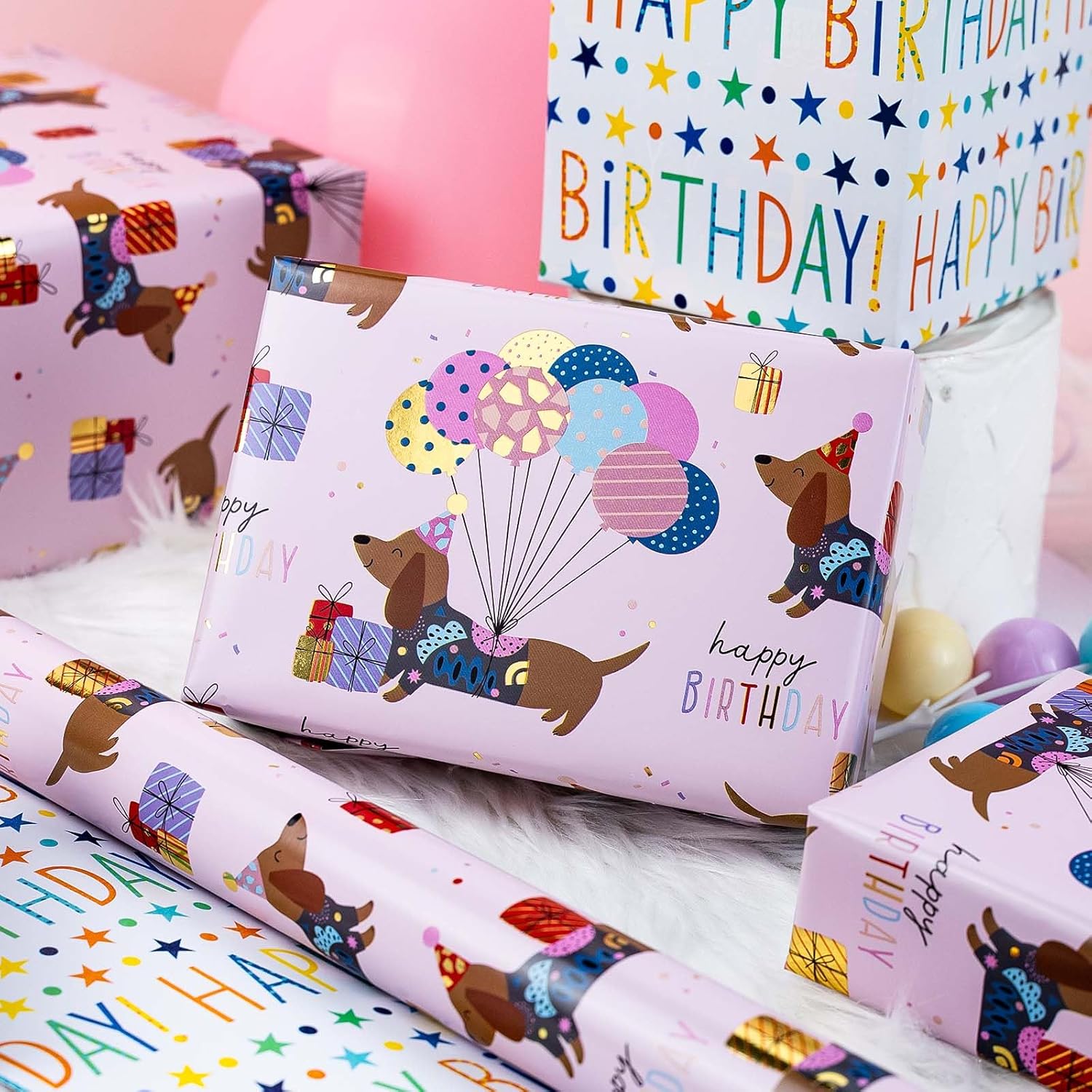 Birthday Dog Wrapping Paper, Reversible Color Happy Birthday Gift Wrap For Baby Shower, Valentines, Mothers Day, Graduation, Wedding, Fathers Day, Christmas (17In X 32.8Ft)