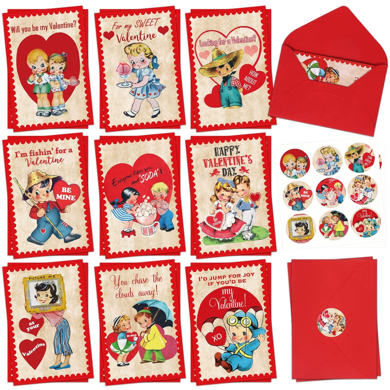 36 Pack Vintage Valentine'S Day Greeting Cards Retro Boys Girls Prints Note Cards With Red Envelopes Stickers 4 X 6 Inch Blank Note Cards For Wedding Anniversary Supplies, 9 Design