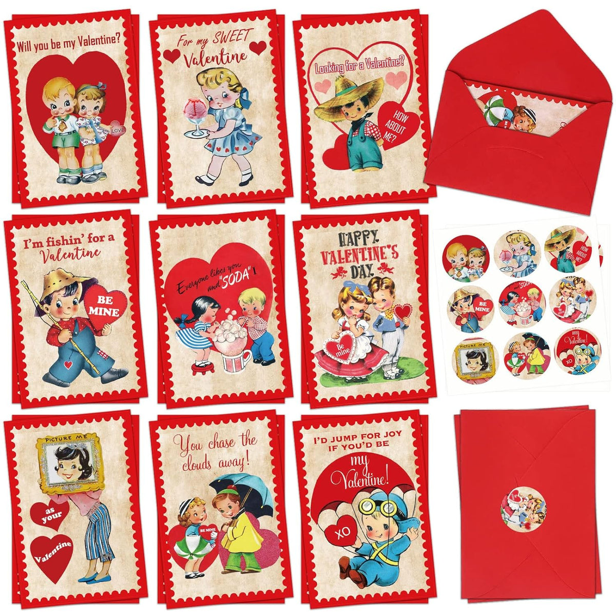36 Pack Vintage Valentine'S Day Greeting Cards Retro Boys Girls Prints Note Cards With Red Envelopes Stickers 4 X 6 Inch Blank Note Cards For Wedding Anniversary Supplies, 9 Design