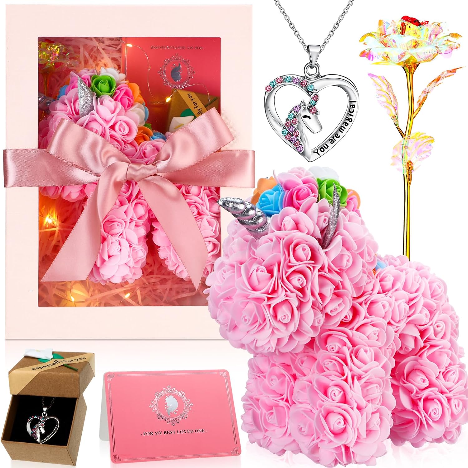 10 Inch Valentine'S Day Rose Unicorn Artificial Rose Unicorn Include Gift Box Greeting Card Necklace Romantic Preserved Moss Birthday Gift For Girlfriend Wife