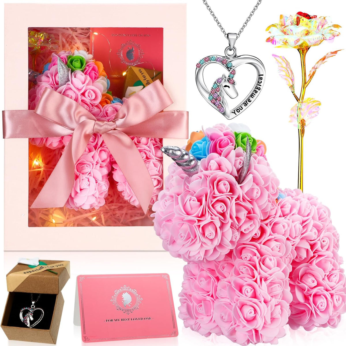 10 Inch Valentine'S Day Rose Unicorn Artificial Rose Unicorn Include Gift Box Greeting Card Necklace Romantic Preserved Moss Birthday Gift For Girlfriend Wife