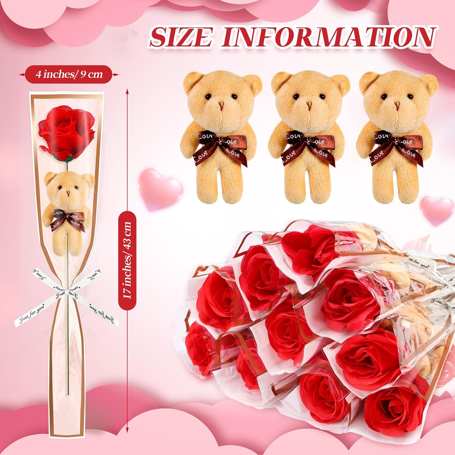 24 Pcs Valentine'S Day Bouquet Flowers With Bear Artificial Rose Bouquet Heart Single Bear Flower With Plush Bears For Exchange Valentine'S Gifts Woman(Brown)
