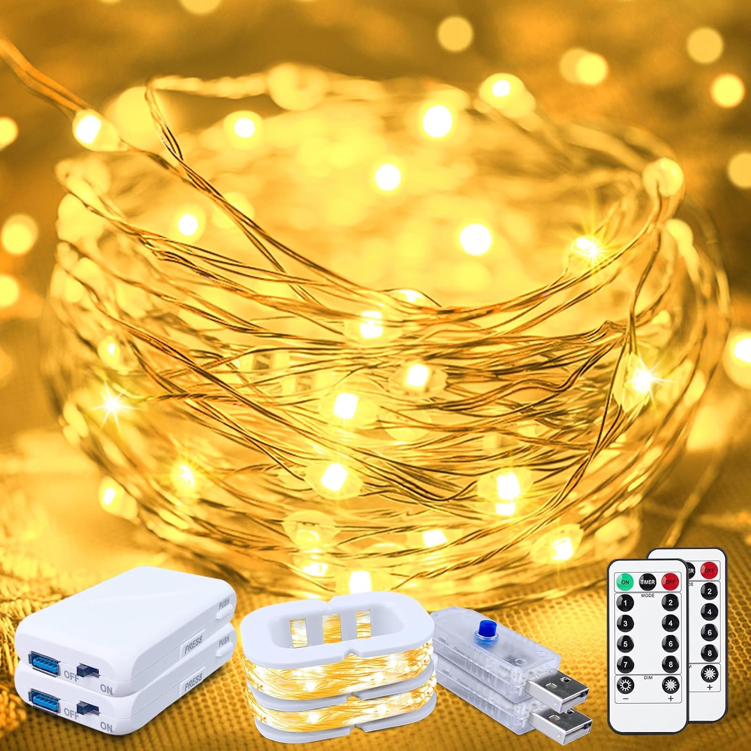 50Led Fairy Lights Usb & Battery Powered 2Pack, 16Ft Warm White Mini String Light With 8 Modes & Timer, Cuttable Copper
