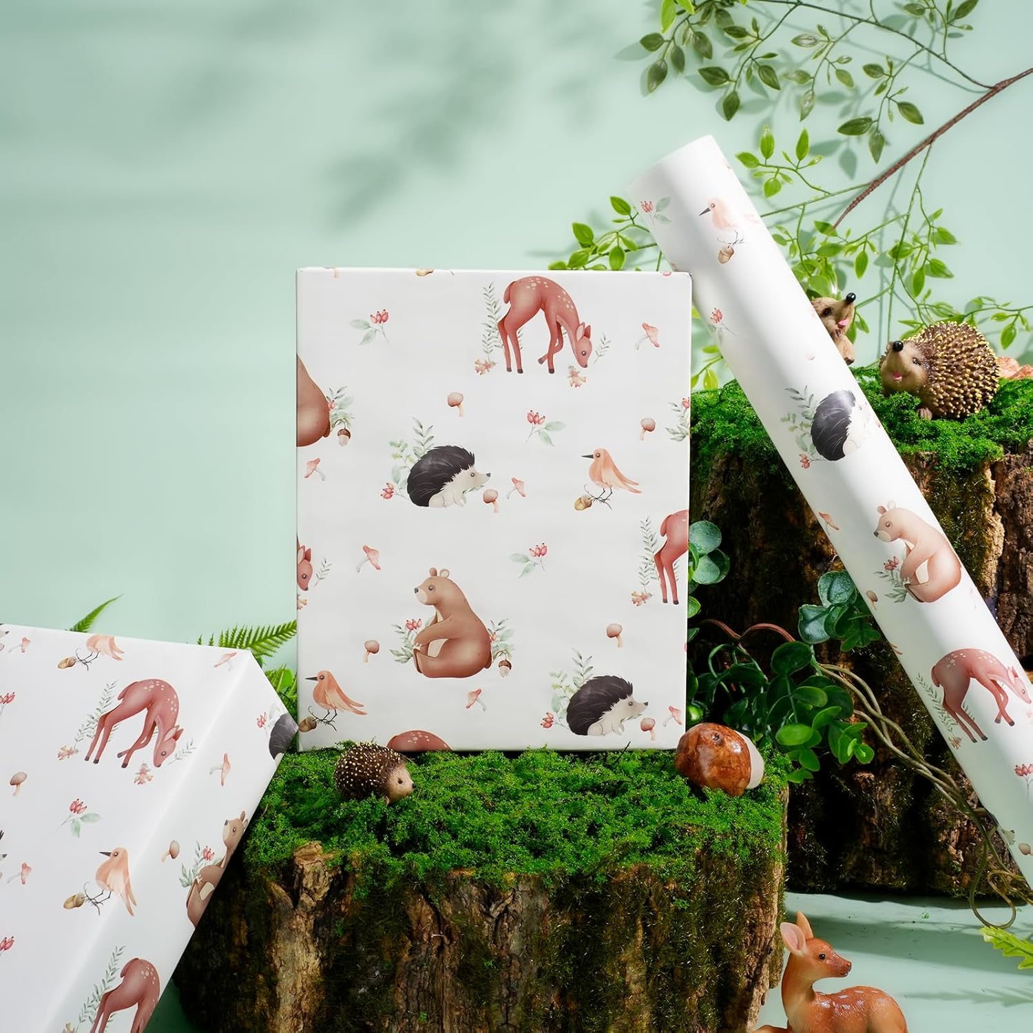 Reversible Baby Shower Wrapping Paper Mini Roll, Woodland Animals And Plaid Design For Neutral Baby Showers, Boys Girls And First Birthday, 17" X 33'(46.7 Sq. Ft)