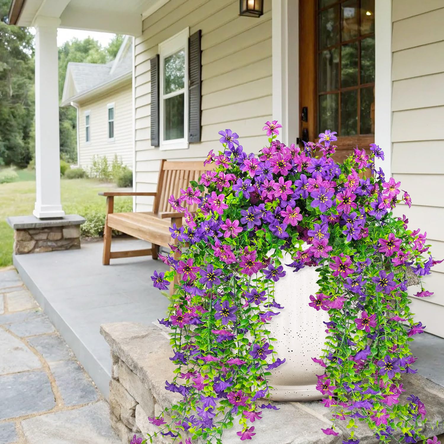 4 Pcs Artificial Hanging Flowers For Outdoors, Fake Hanging Plants Uv Resistant Faux Silk Daisy With Eucalyptus Leaves For Outside Home Indoor Planter Porch Patio Balcony Yard Decor (Double Purple)