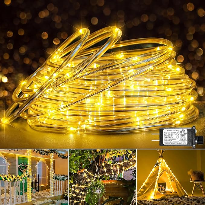 66FT Outdoor LED Rope Lights 200 LED Warm White Waterproof Plug In Flexible Tube Lights with 8 Modes
