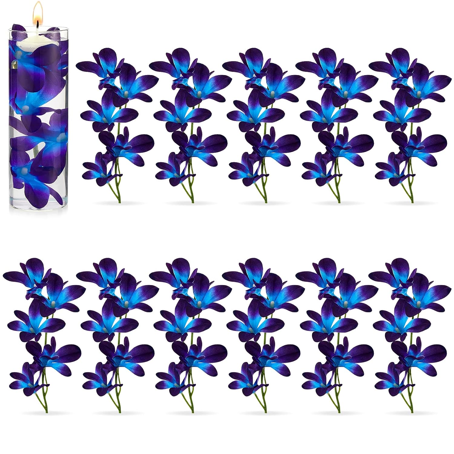 16 Pieces Blue Purple Faux Flowers Blue Orchid Flower Vase Fillers Faux Purple Orchid Wedding Table Centerpieces Filling For Floating Candles Wedding Birthday Party Table Decorations