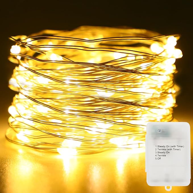 16.4FT Battery Operated Fairy Lights 50 LED Warm White Copper Wire Twinkle String Lights with 5 Modes for Bedroom Wedding Party Christmas Decor