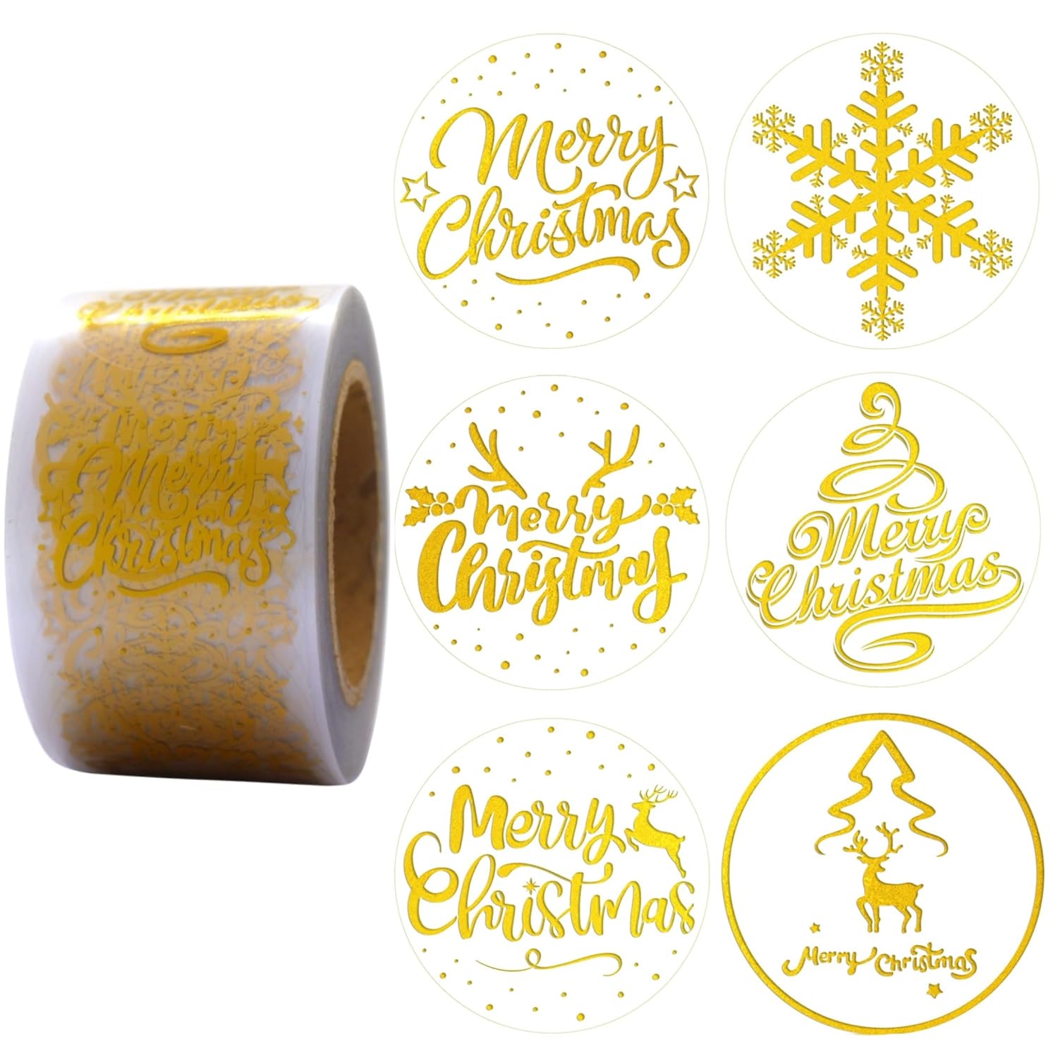 1.5 Inches/600 Christmas Stickers, 6 Clear Gold Foil Designs Merry Christmas Stickers Snowflake Stickers For Christmas Decorations Envelopes Cards Sealing Craft Decor