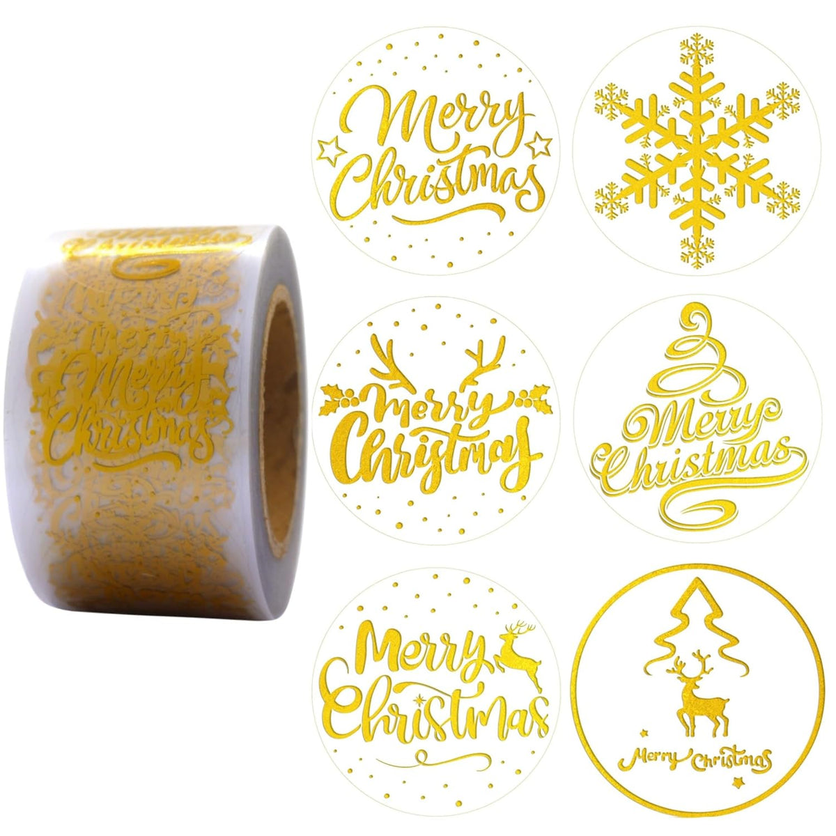 1.5 Inches/600 Christmas Stickers, 6 Clear Gold Foil Designs Merry Christmas Stickers Snowflake Stickers For Christmas Decorations Envelopes Cards Sealing Craft Decor