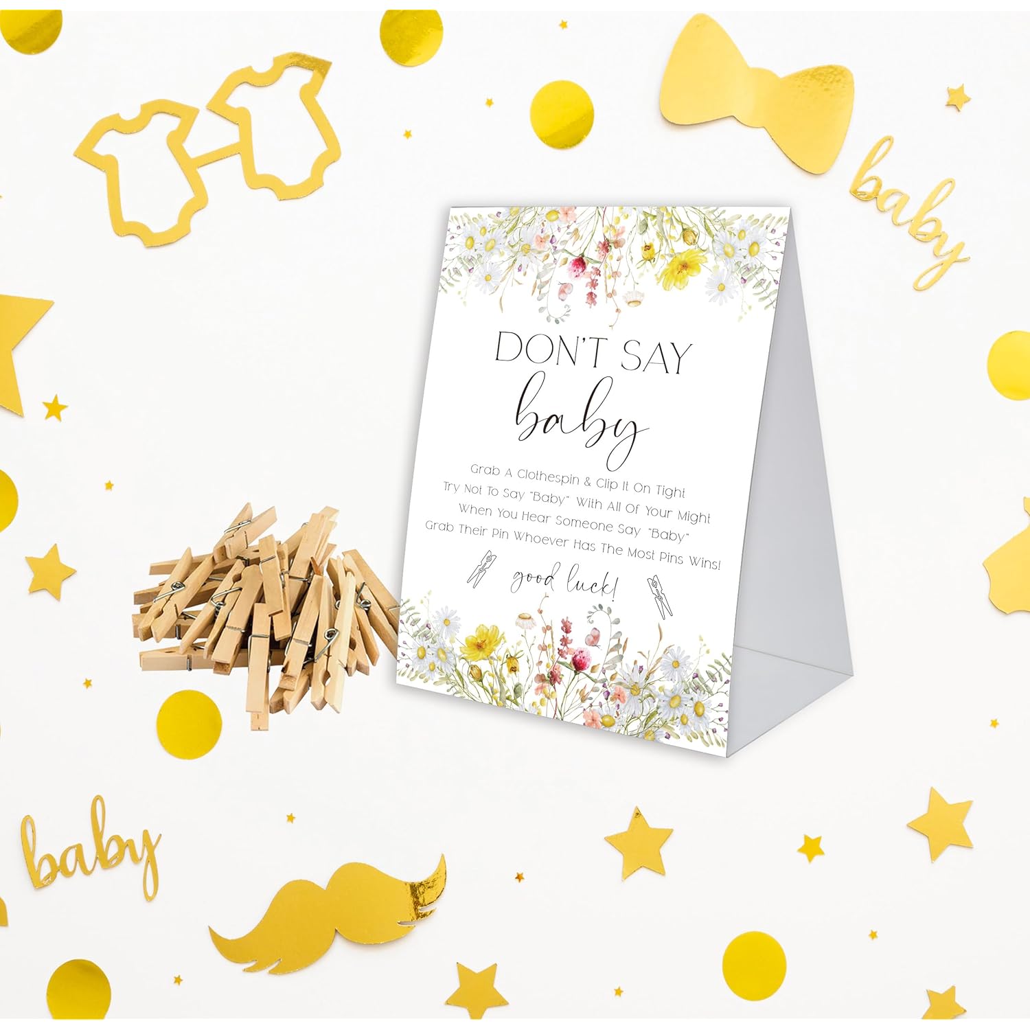 Don'T Say Baby Game For Baby Shower, 50 Wooden Clothespins And One Sign, Wildflowers Theme, Baby In Bloom Decorations, Gender Reveal Games, Baby Shower Supplies-Bb36