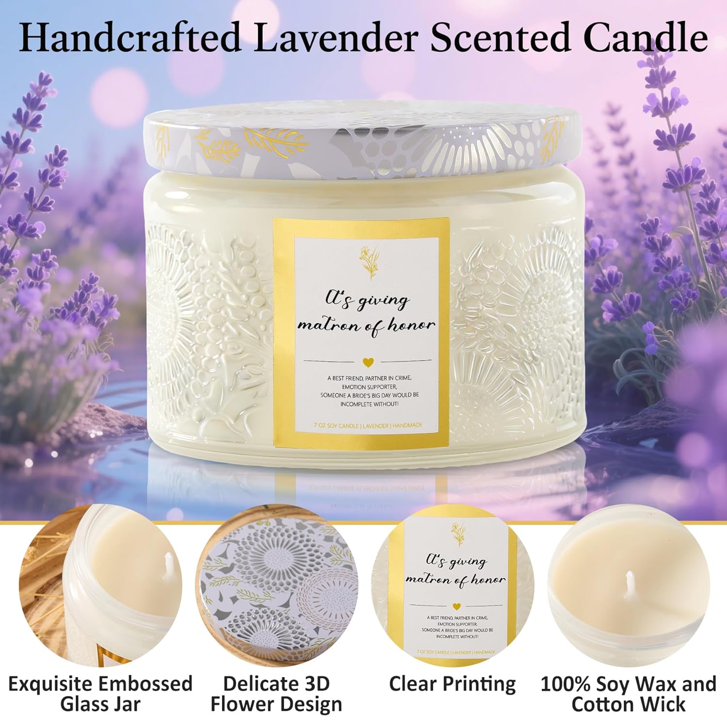 Bridesmaid Candle - Maid Of Honor Candle, Lavender Scented Embossed Will You Be My Bridesmaid Proposal Gift For Wedding, Soy Wax Matron Of Honor Gifts For Women Sister 7Oz