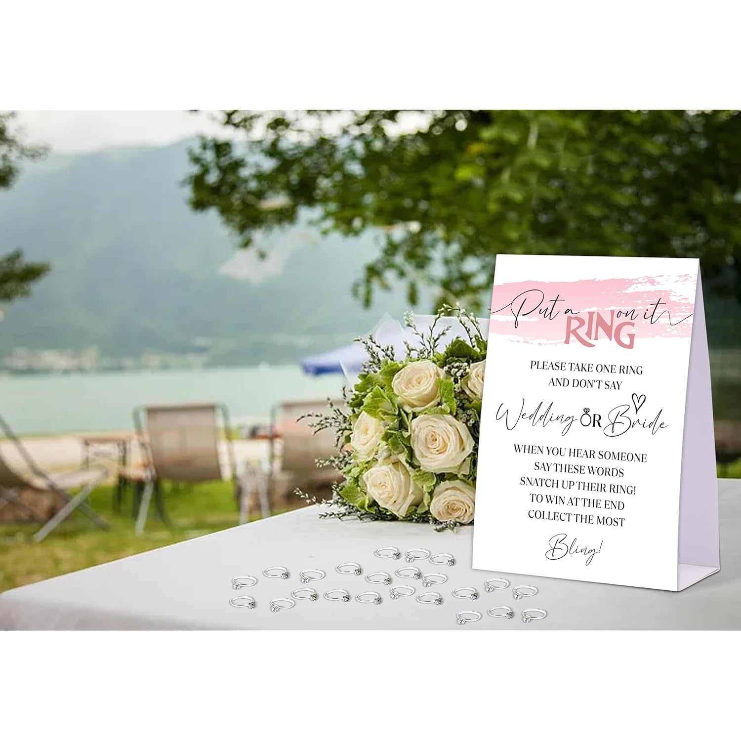 Pink Swash Don'T Say Bride Or Wedding Game, Put A Ring On It Bridal Shower Game With 50 Fake Rings, Modern Bridal Shower Decorations, Wedding Shower Or Bachelorette Party Supplies - 09