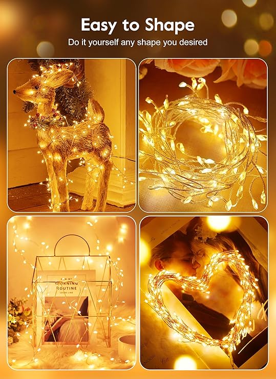 10FT 120 LED USB Fairy Lights Warm White Cluster String Lights with Remote 8 Modes Silver Wire Firecracker Lights for Bedroom Wedding Christmas Decor