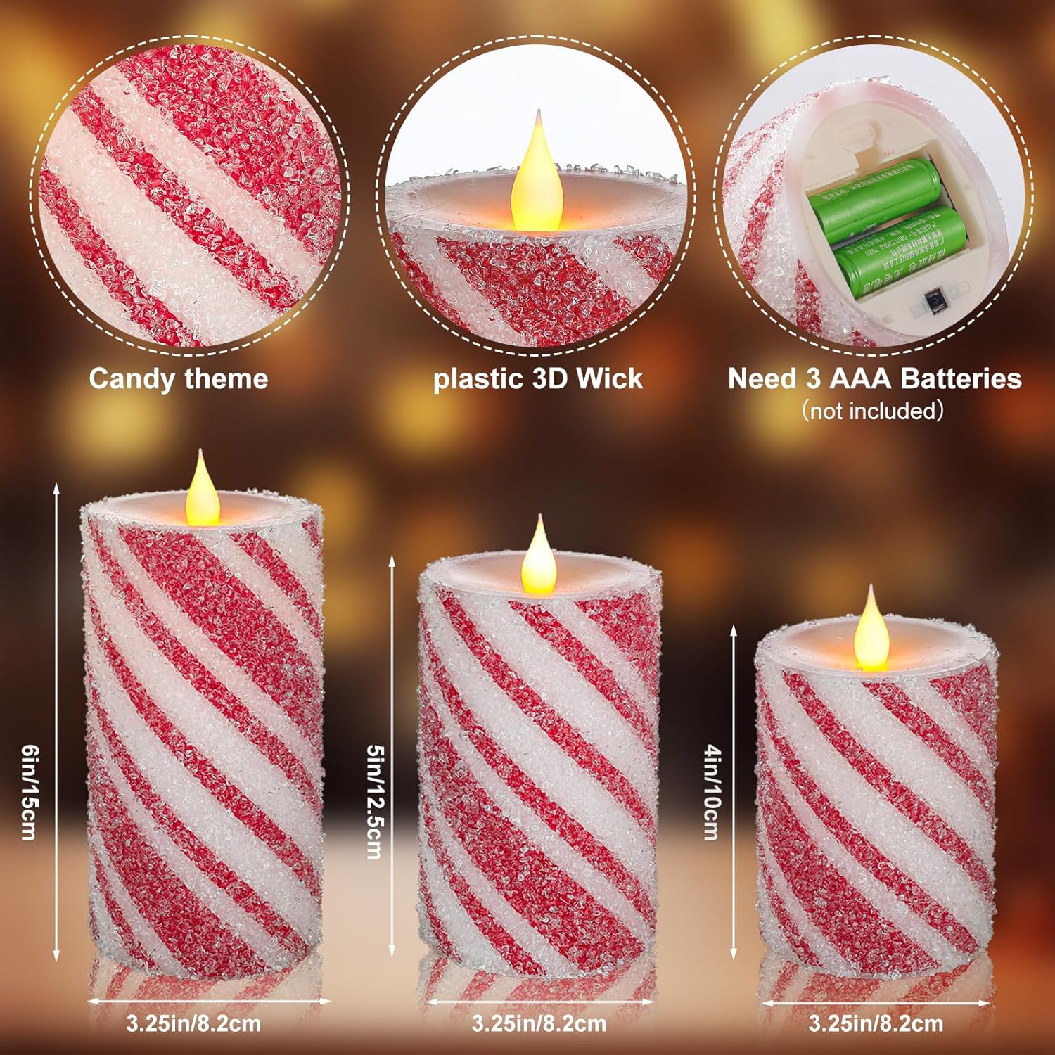 Christmas Flameless Pillar Candles Decor - 3Pcs Candy Cane Stripe Real Wax Red And White Led Candles With Battery Operated For Home Christmas, New Year, Winter Wedding Party Decoration Or Gift