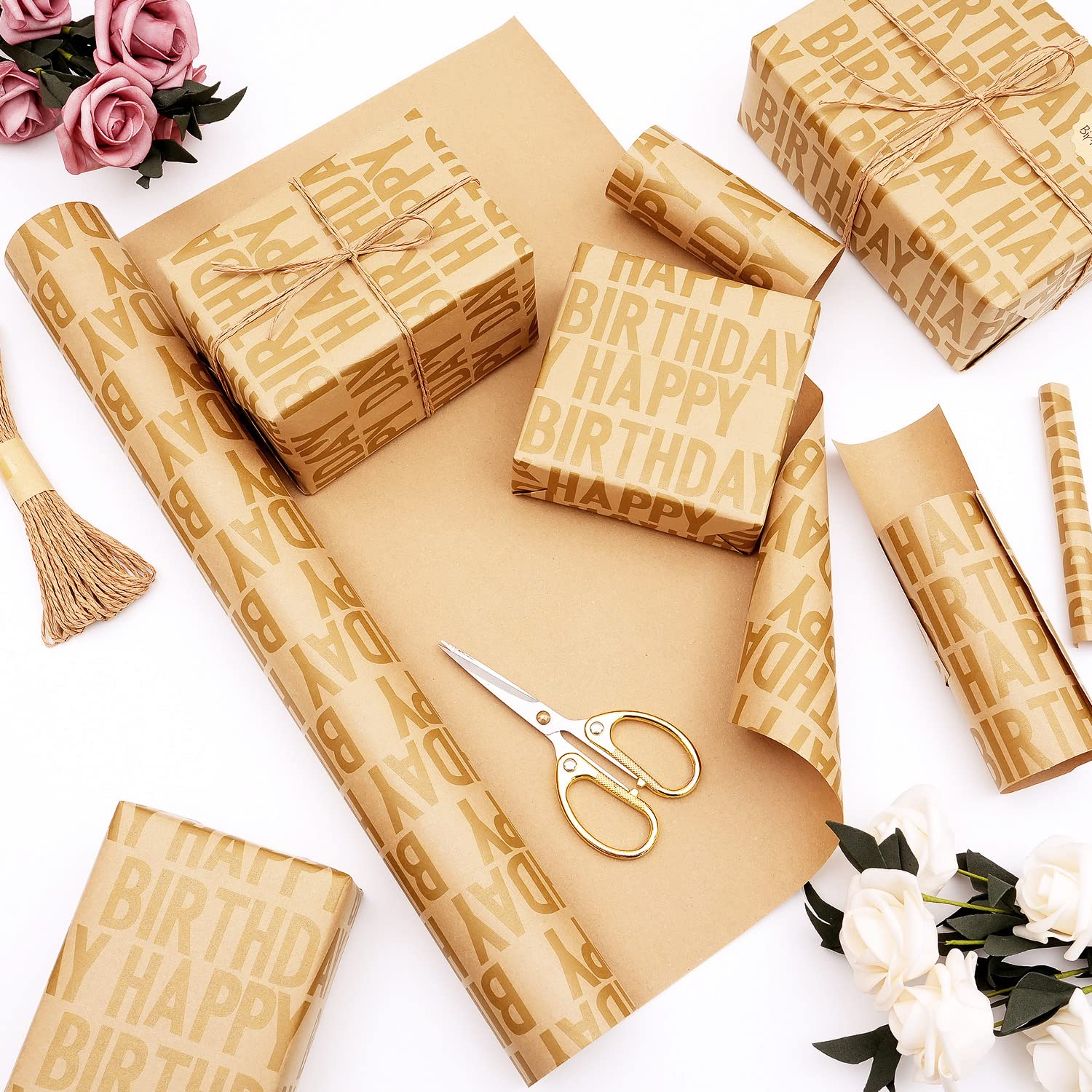 Birthday Wrapping Paper Roll, Brown And Gold Kraft Happy Birthday Wrapping Paper Jumbo Roll, Gift Wrap Paper Set For Men Women Boys Girls, 17Inch × 33Feet