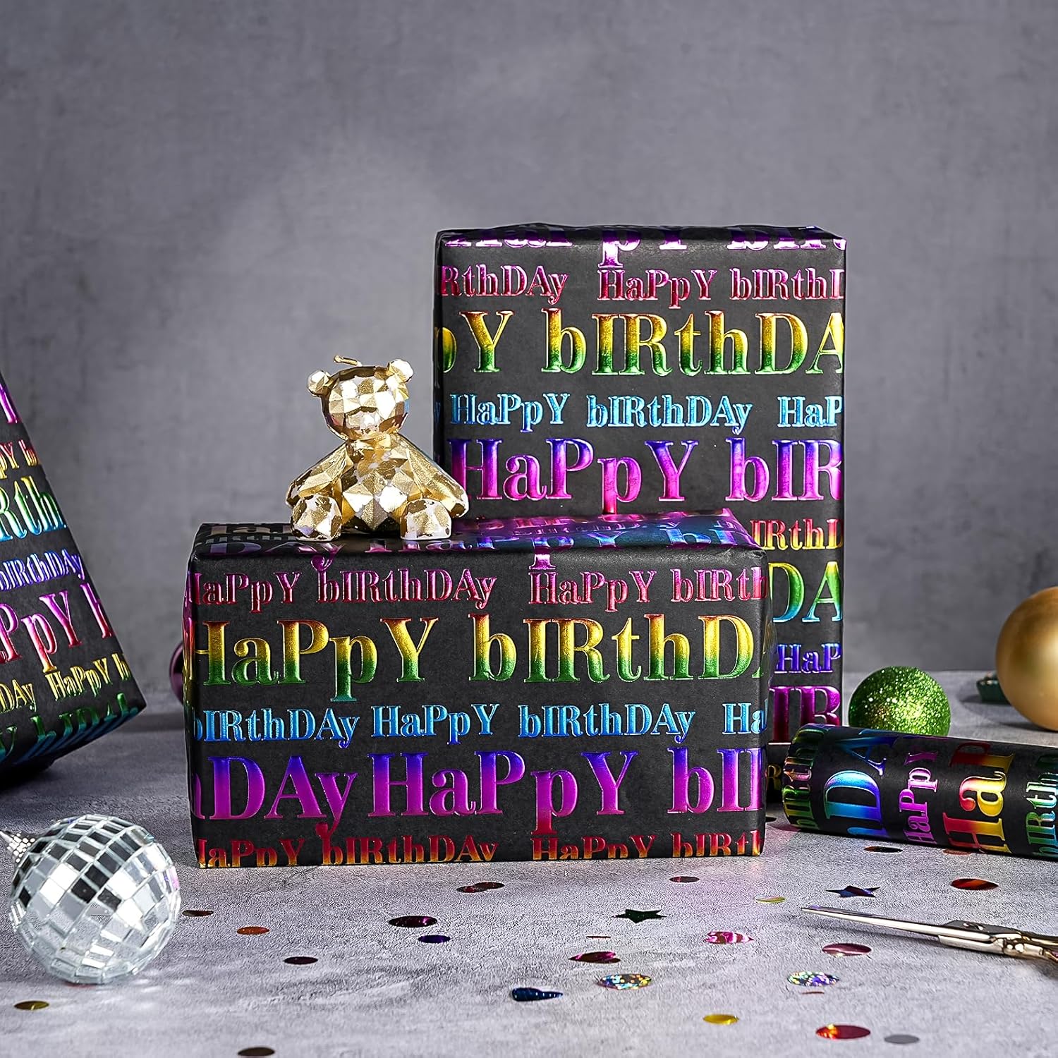 3D Kraft Birthday Wrapping Paper Roll - Mini Roll - 17 Inch X 16.5 Feet - Black And Colorful Foil Happy Birthday Wrapping Paper With Embossed For Kids Boy Girls, Baby Shower