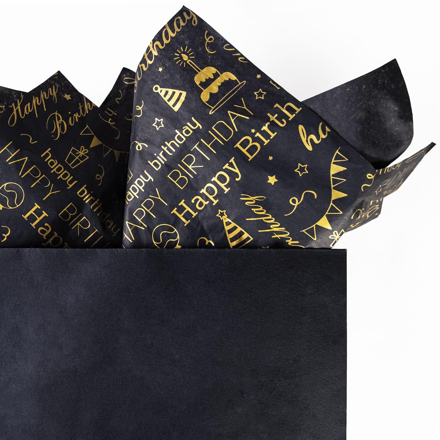 100 Sheets Black & Gold Birthday Tissue Paper - 20" X 14", Happy Birthday Design For Gift Bags & Parties