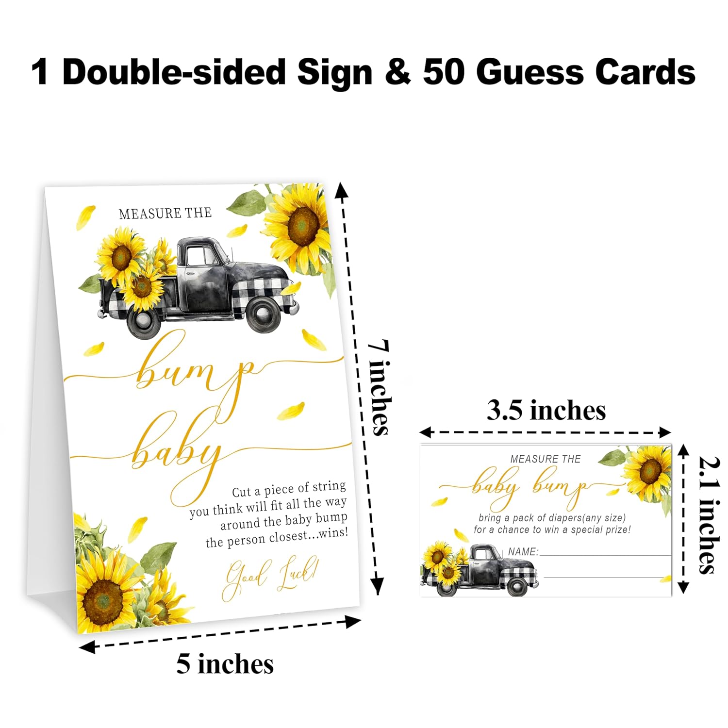 How Big Is Mommys Belly Game, Baby In Bloom Measure The Baby Bump Baby Shower Game, Sunflower Truck Baby Shower Party Decor & Supplies, 1 Sign & 50 Guess Cards-A06