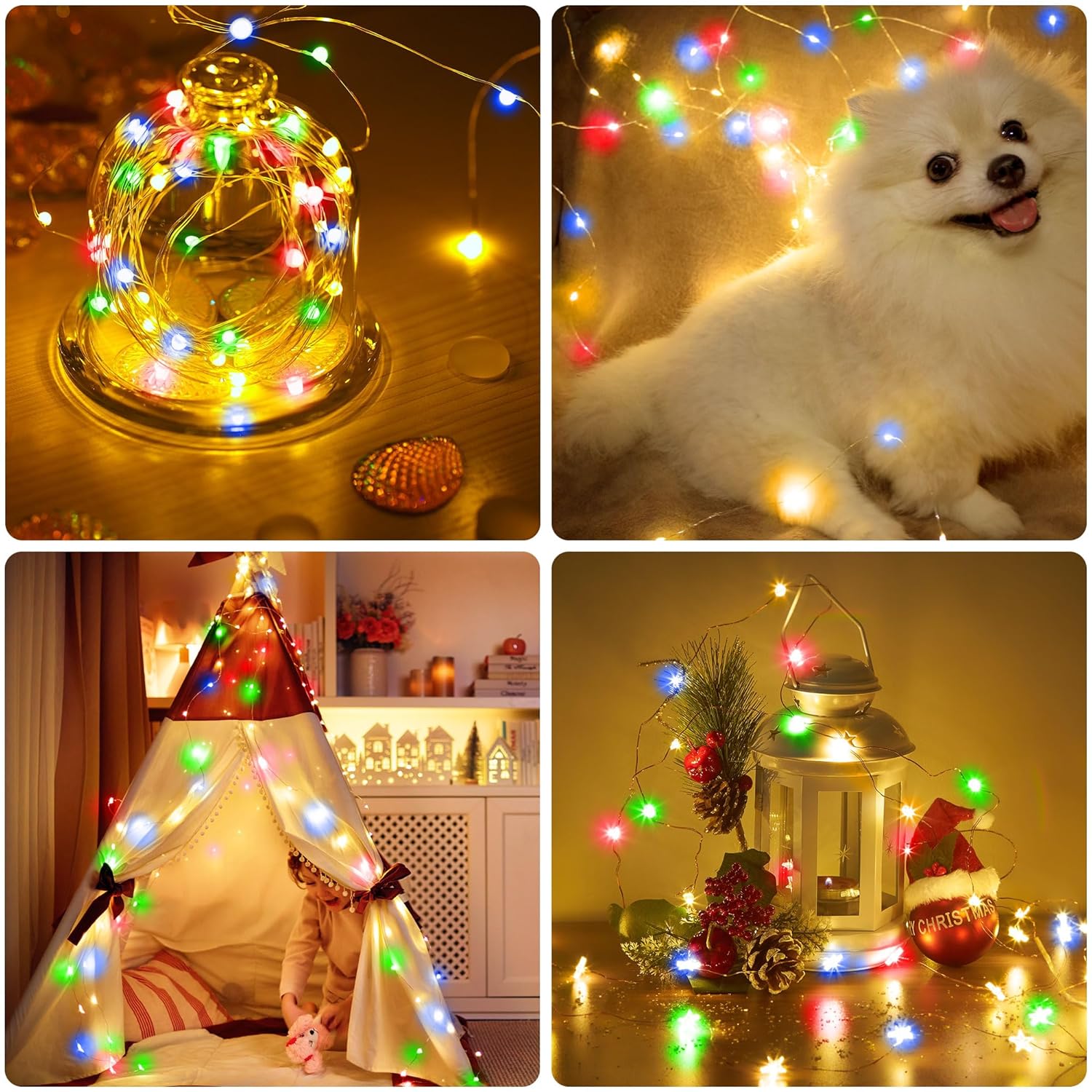 Christmas Multicolor Fairy Lights Battery Operated 4 Pack 16.4Ft 50 Leds Silver Copper Wire Twinkle Lights For Halloween