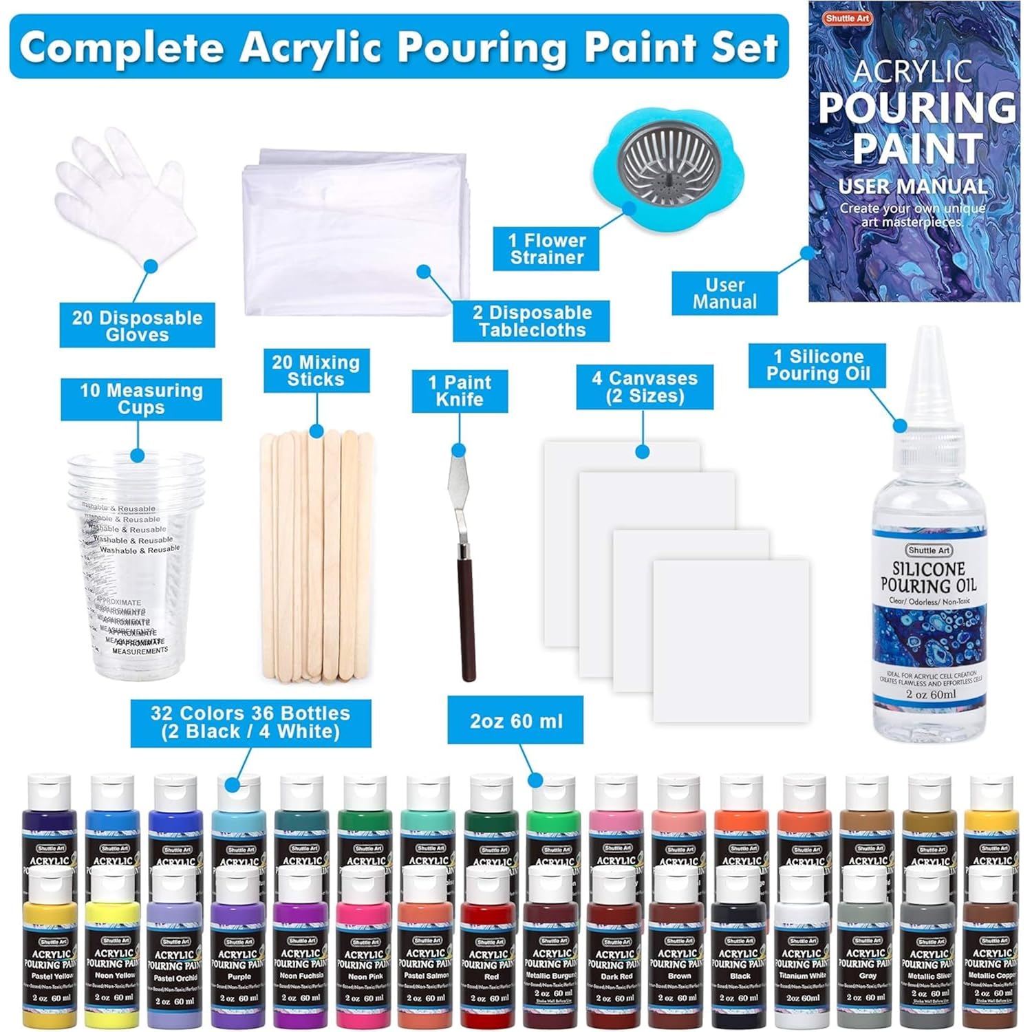 Acrylic Pouring Paint, Set Of 36 Bottles (2 Oz/60Ml) Pre-Mixed High-Flow Pouring Supplies With Canvas, Silicone Oil, Measuring Cups, Tablecloths, Complete Paint Pouring Kit
