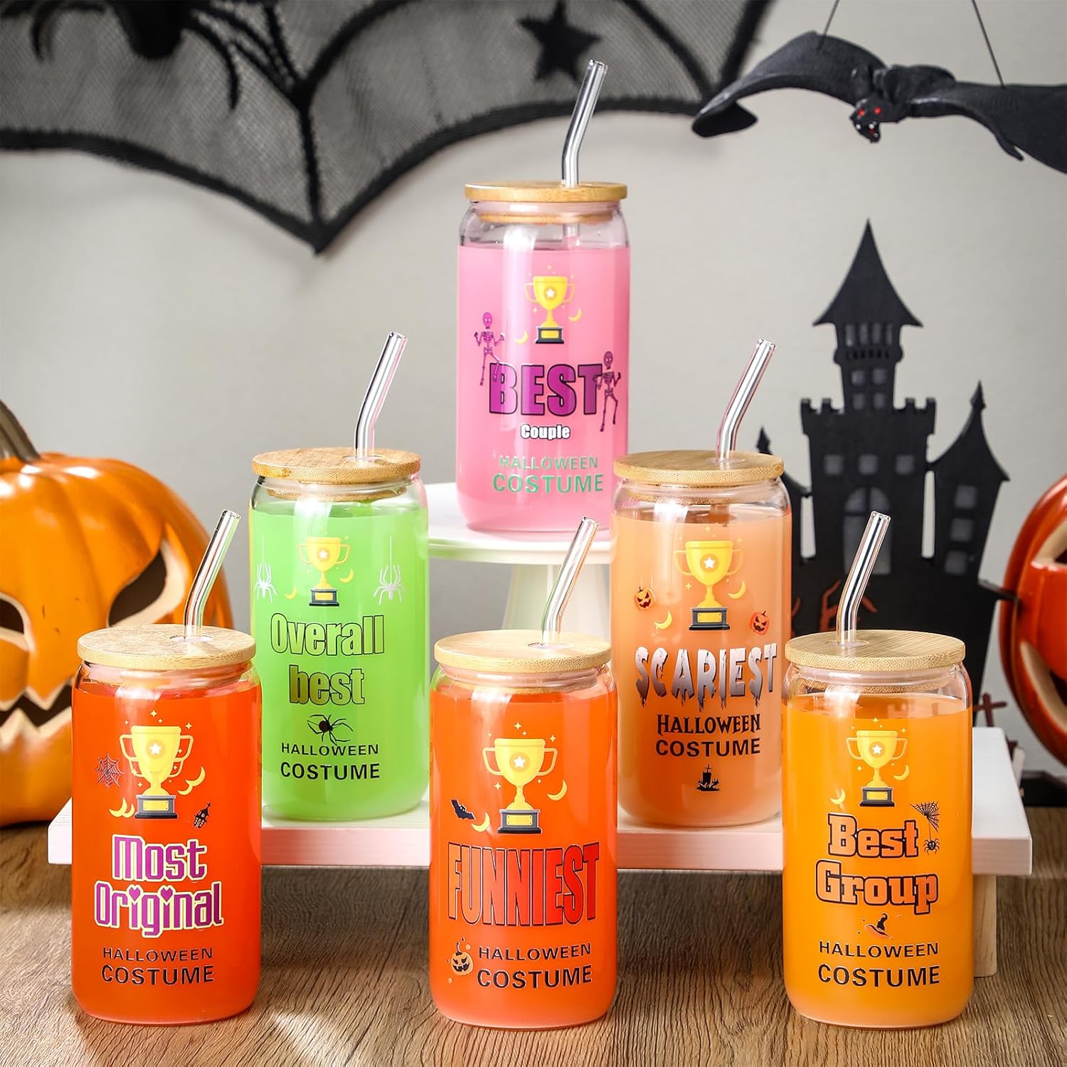 6 Set Halloween Costume Contest Trophy Cups Bulk Halloween Costume Party Award 16 Oz Funny Cute Personalized Glasses Cups Trophy Spider Pumpkin Skull Witch Hat Bat Cup For Contest Game Prizes