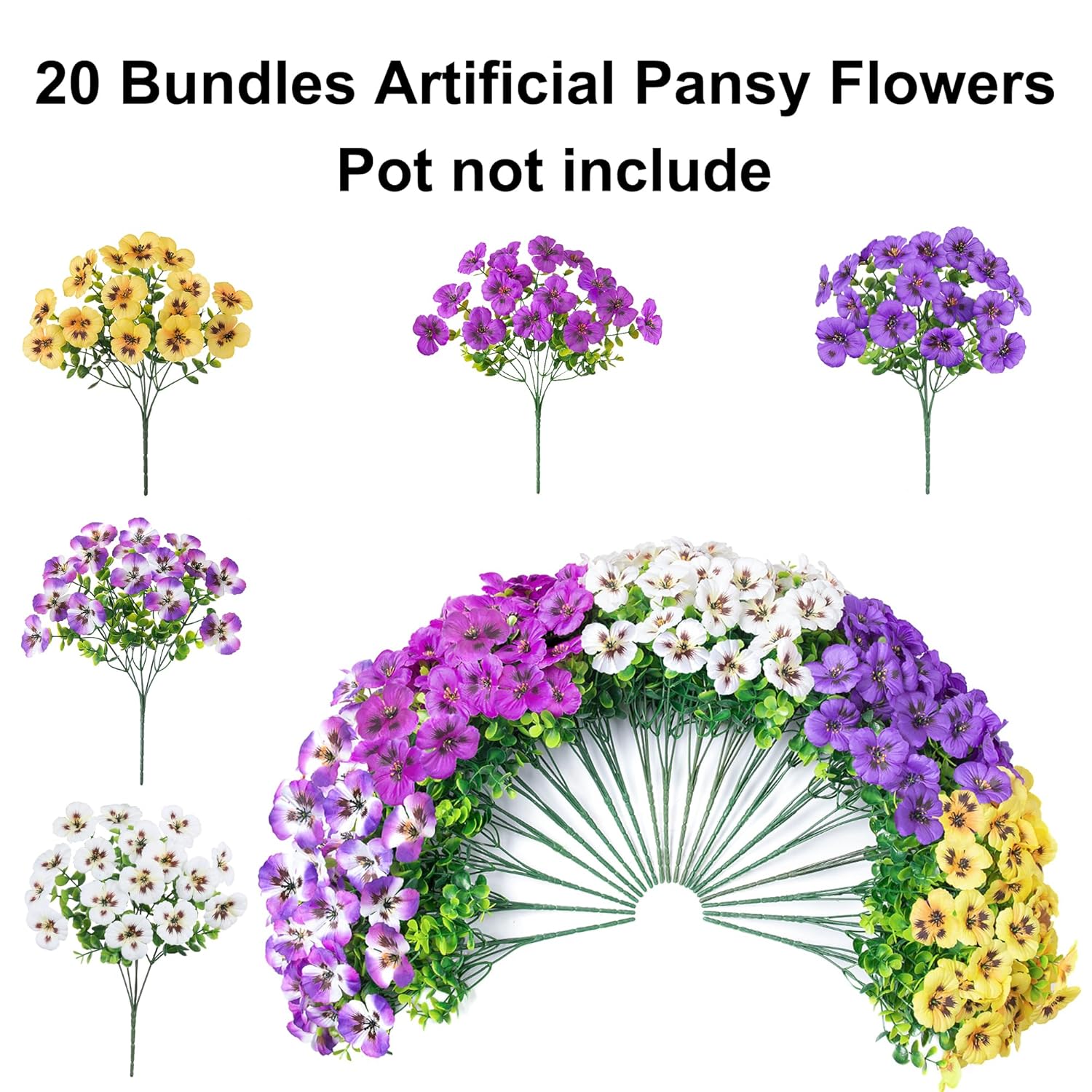 Artificial Fake Pansy Flowers For Outdoor Outside, 20Pcs Faux Silk Mixed Pansies Uv Resistant Flowers For Porch Yard Patio Window Box Home Decor (Gradient Purple Fuchsia Purple Yellow White)