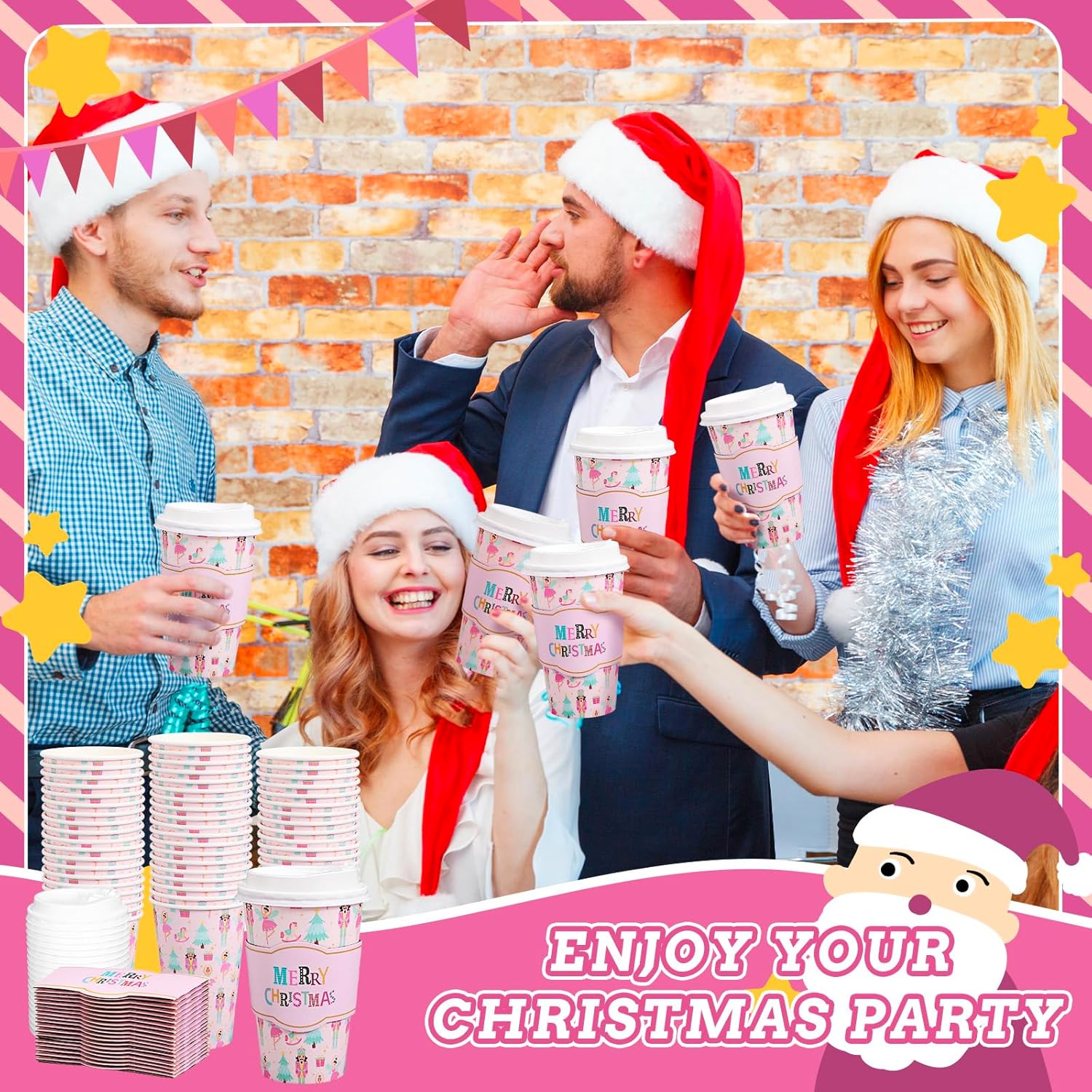 50Pcs Merry Christmas Disposable Coffee Cups With Lids And Sleeves Pastel Pink Nutcracker Paper Drinking Cup For Xmas Birthday Party Supplies