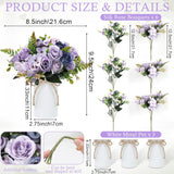 Dining Table Centerpiece Sets 3 Artificial Rose Bouquet With Vase - Farmhouse 6 Pcs Silk Flowers And 3 Pcs Metal Pot Small Faux Floral Arrangements For Wedding Party Home Kitchen Bathroom Décor, Lilac