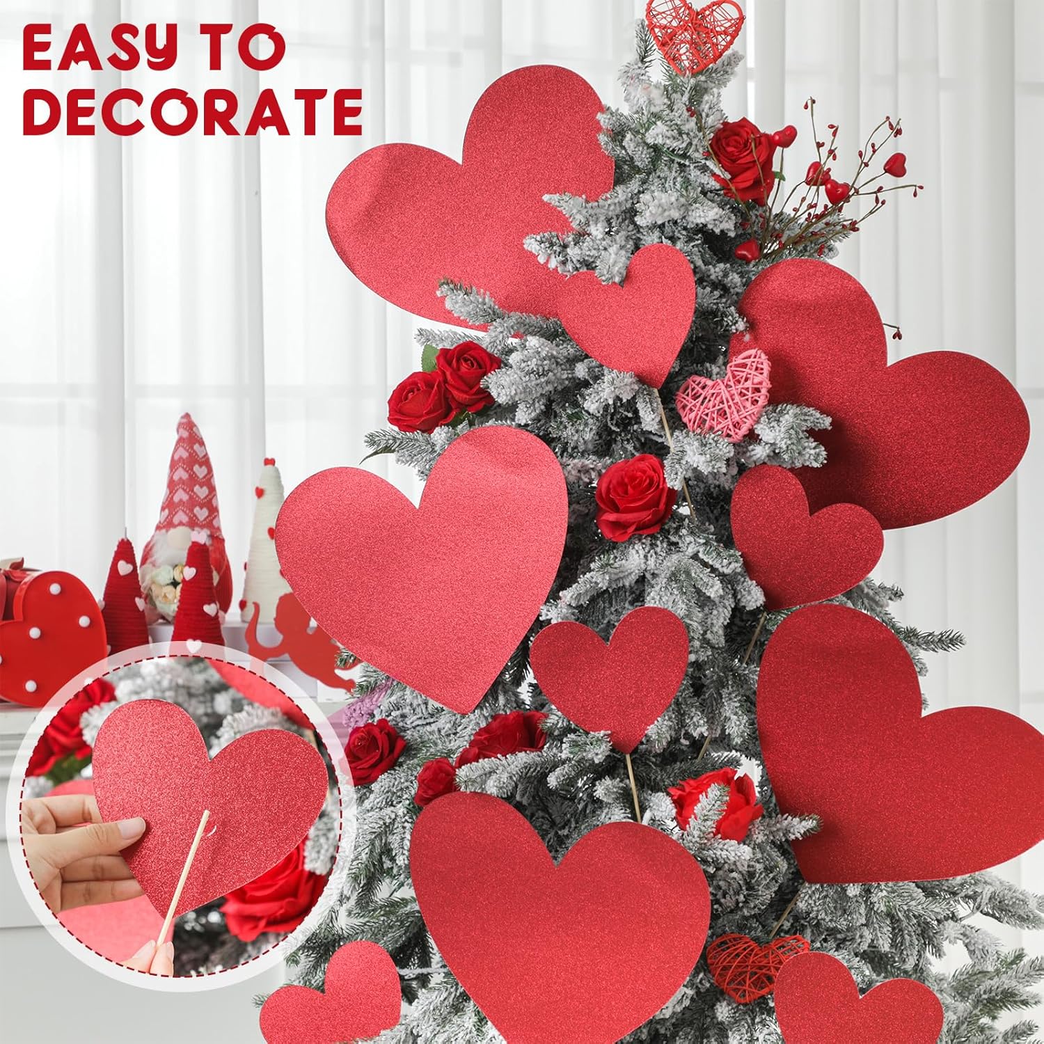 10 Sets Large Valentine'S Day Tree Decorations Trees Picks Candy Heart Tree Ornaments For Home Wedding Decor Gifts(Glitter,Red)