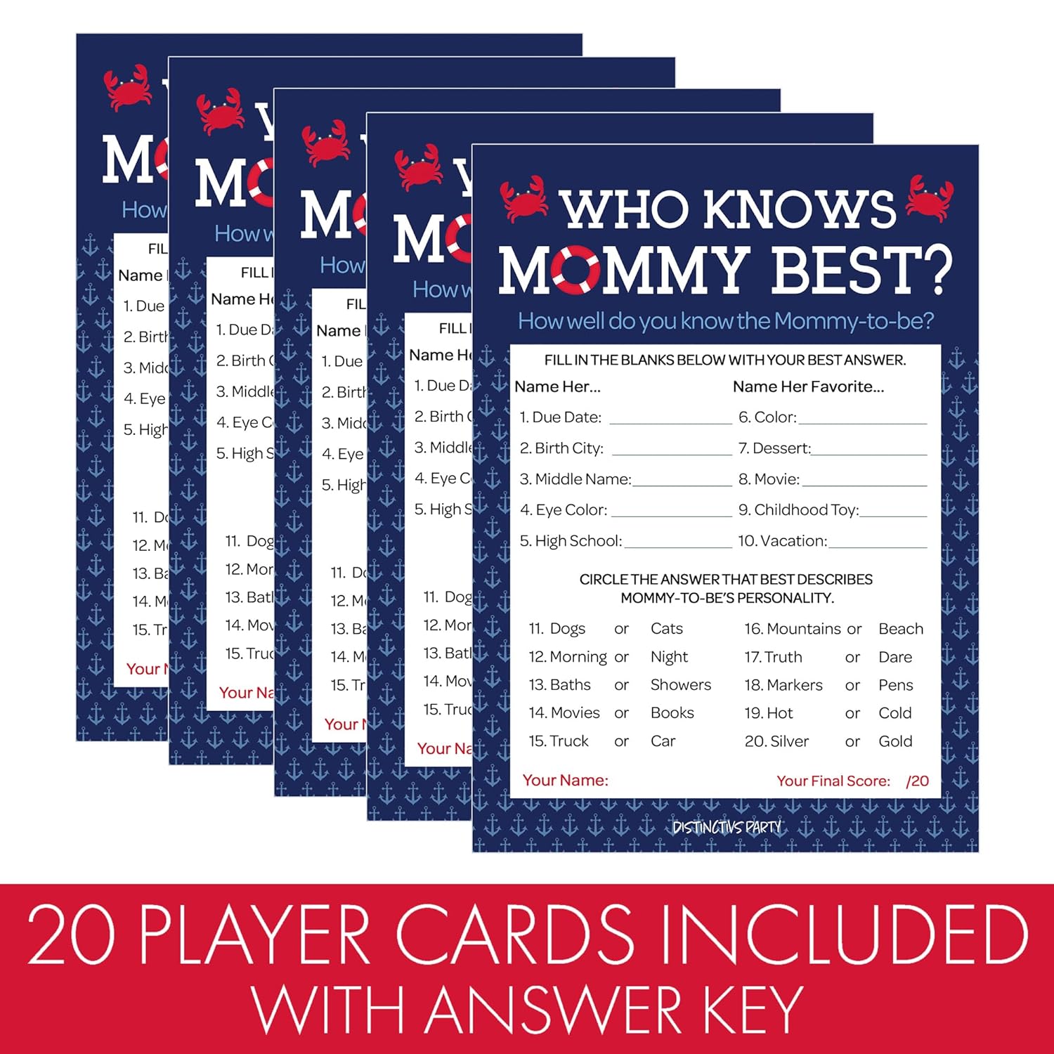 Ahoy Its A Boy Baby Shower Game, Nautical Who Knows Mommy Best Party Activity - 20 Game Cards