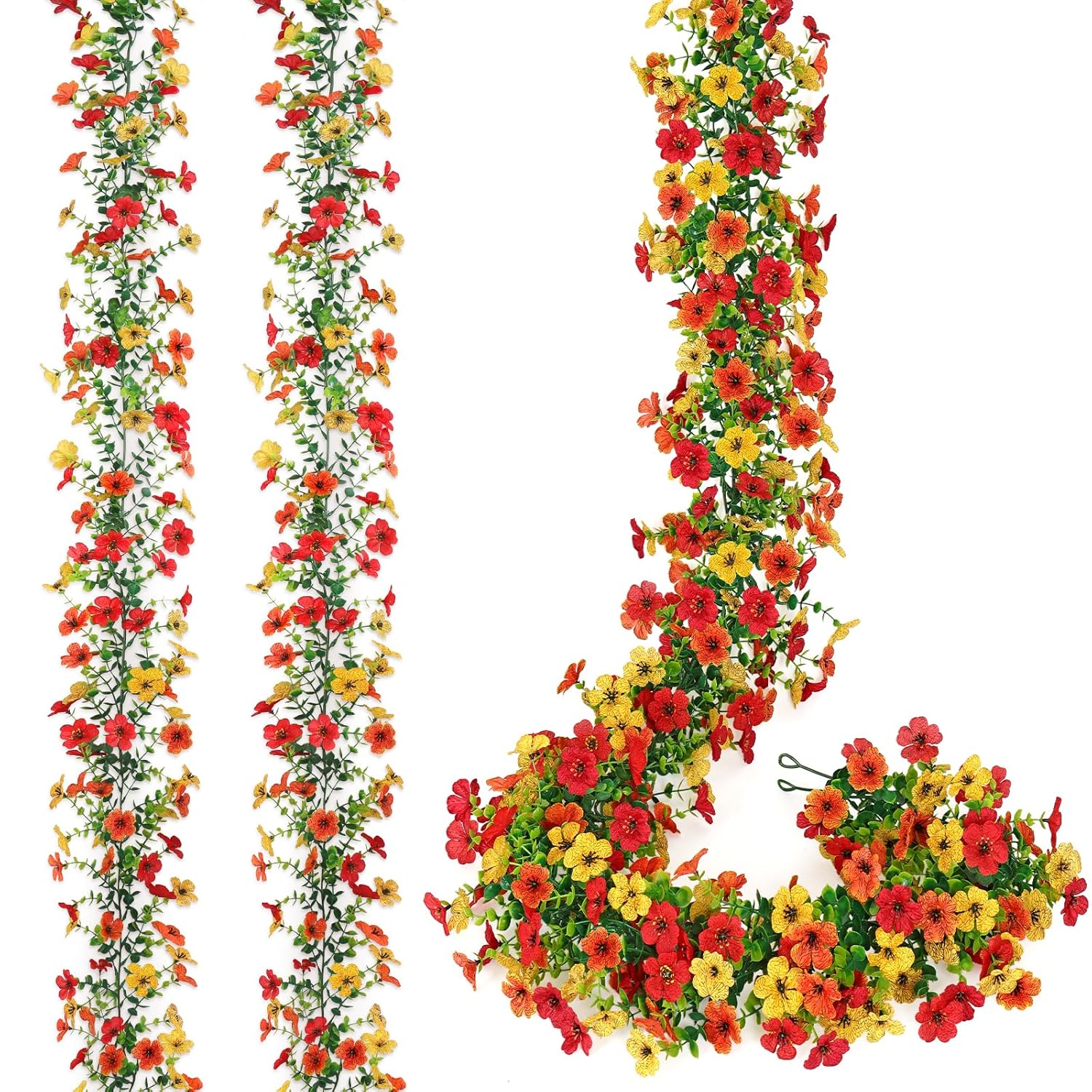 2 Pack Artificial Flowers Garland Ivy,Spring Summer Decor Uv Resistant Fake Daisy Vines Floral Vine Silk Hanging Flower For Decor Home Garden Wedding Photo Booth Backdrop (Red Orange Yellow)