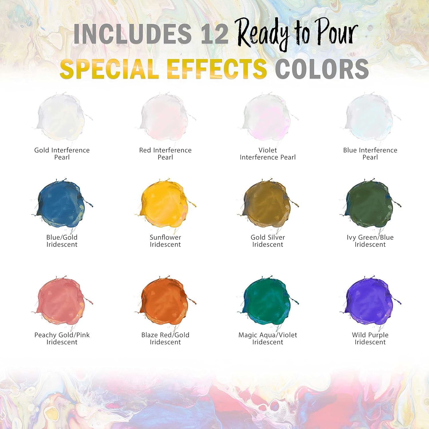 Pouring Masters 12-Color Ready-To-Pour Acrylic Iridescent Color Shifting Pouring Paint Set, With Silicone Oil & Gloss Medium, 8Oz Bottles, Pour Paint Supplies For Canvas & Crafts