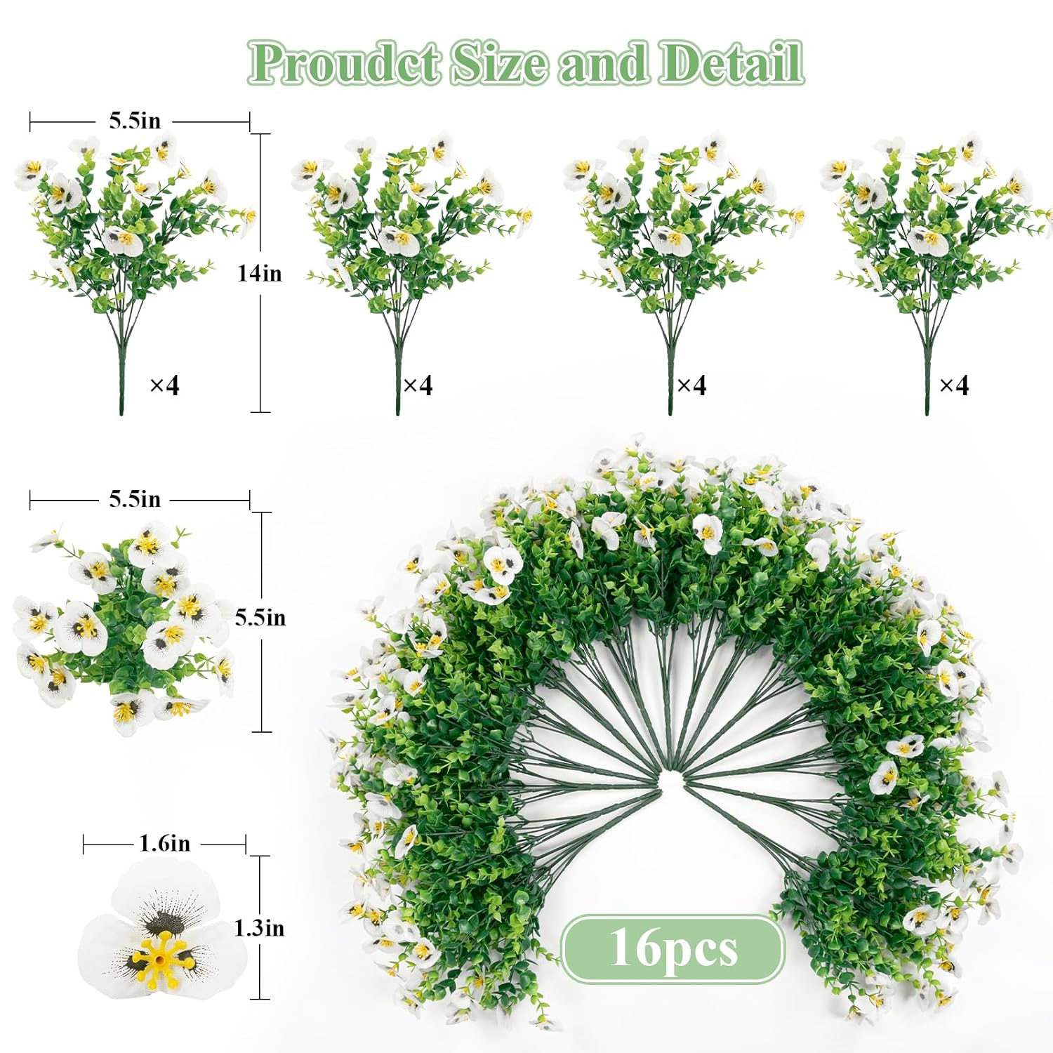 16 Bundles Artificial Pansy Flowers Outdoor Fake Plants For All Seasons, Uv Resistant Faux Flowers Silk Pansies With Eucalyptus Leaves For Planters Porch Yard Patio Balcony Home Decor