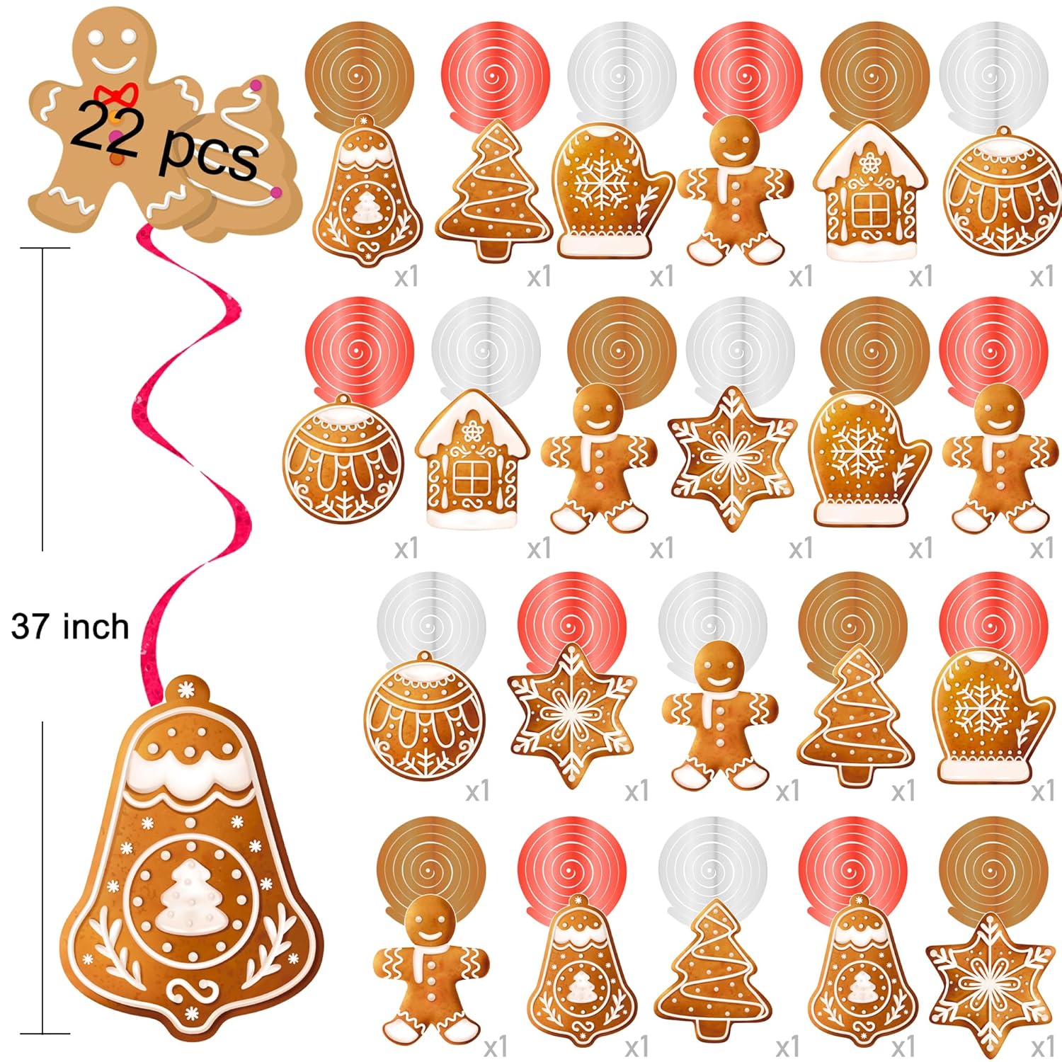 20Pcs Christmas Gingerbread Party Hanging Swirls Gingerbread Snowflake Tree Theme Ceiling Streamers Xmas Winter Hanging Decorations For Christmas Winter Holiday Party Supplies