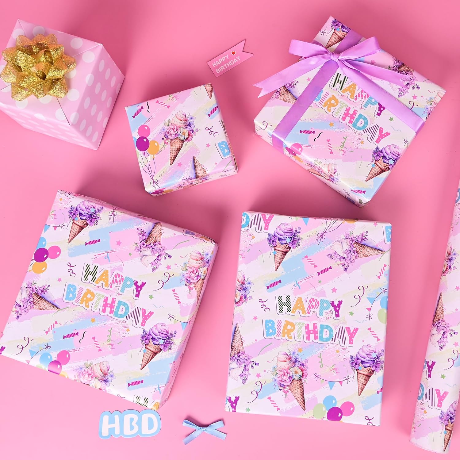 Reversible Ice Cream Wrapping Paper Roll For Kids Girls Women - 17 Inch X 20 Feet - Pink Summer Happy Birthday And Polka Dot Design Gift Wrap For Baby Shower Party Total 28.5Sq.Ft