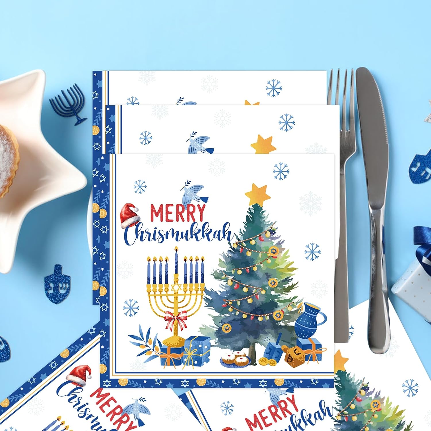 Merry Chrismukkah Paper Napkins Party Decorations, 100Pcs Christmas And Hanukkah Disposable Paper Napkin Decoration, Chanukah Holiday Kitchen And Xmas Dinner Towels Table Decor