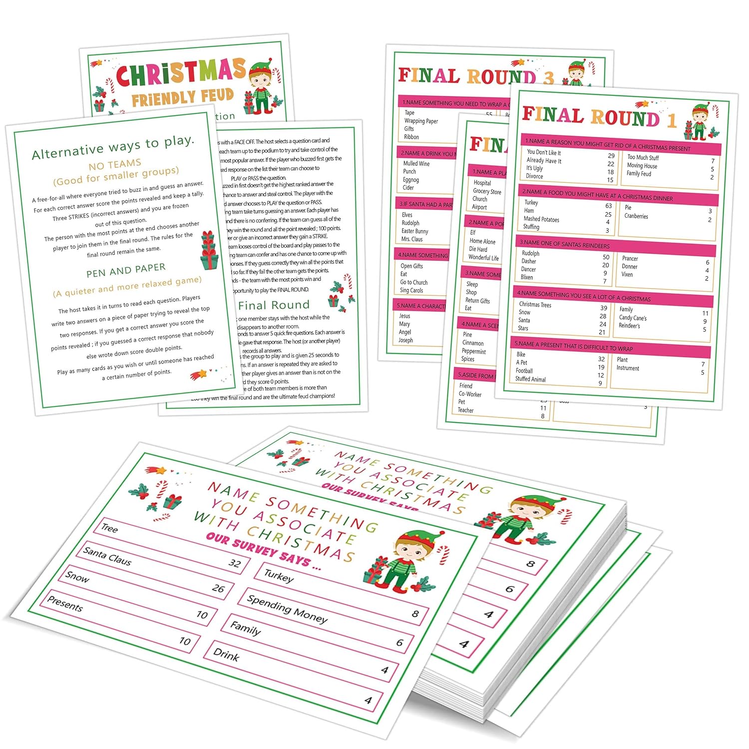 Christmas Friendly Feud Game, Christmas Trivia Quiz, Family Feud Baby Shower Game, Christmas Games For Family Party Activity Favors Supplies-12 Question Cards And 3 Final Rounds Cards-06