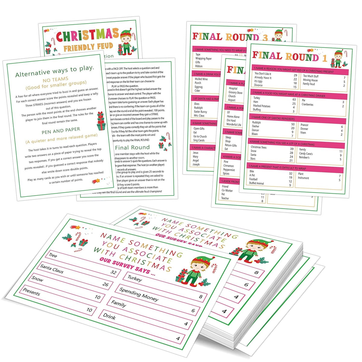 Christmas Friendly Feud Game, Christmas Trivia Quiz, Family Feud Baby Shower Game, Christmas Games For Family Party Activity Favors Supplies-12 Question Cards And 3 Final Rounds Cards-06