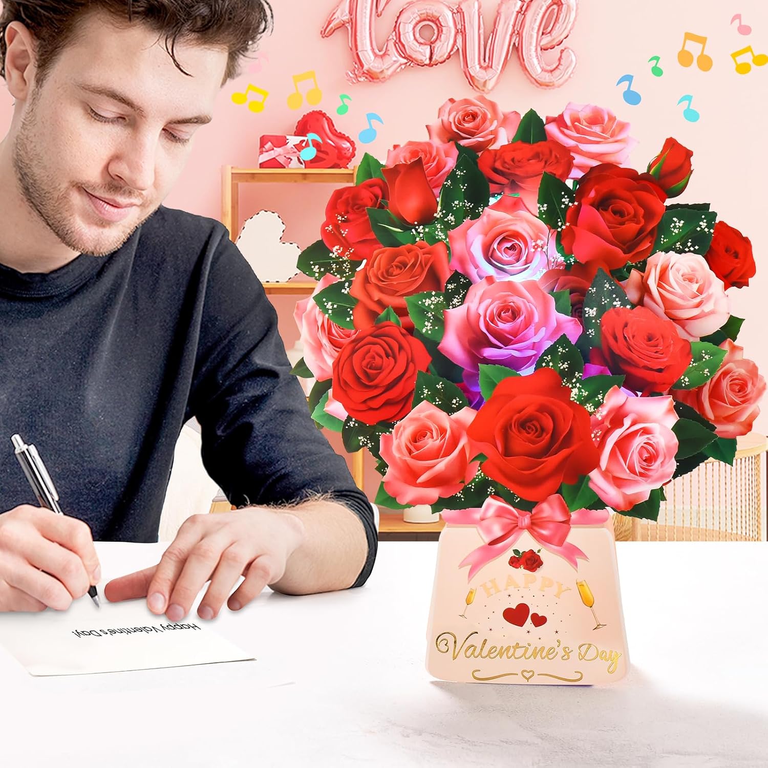 Pop Up Valentine’S Day Card With Light & Music, 12 Inch Paper 3D Rose Bouquet Greeting Card With Envelop, Happy Valentines Day Cards For Wife, Popup Valentines Day Card Gifts For Her Women Girlfriend