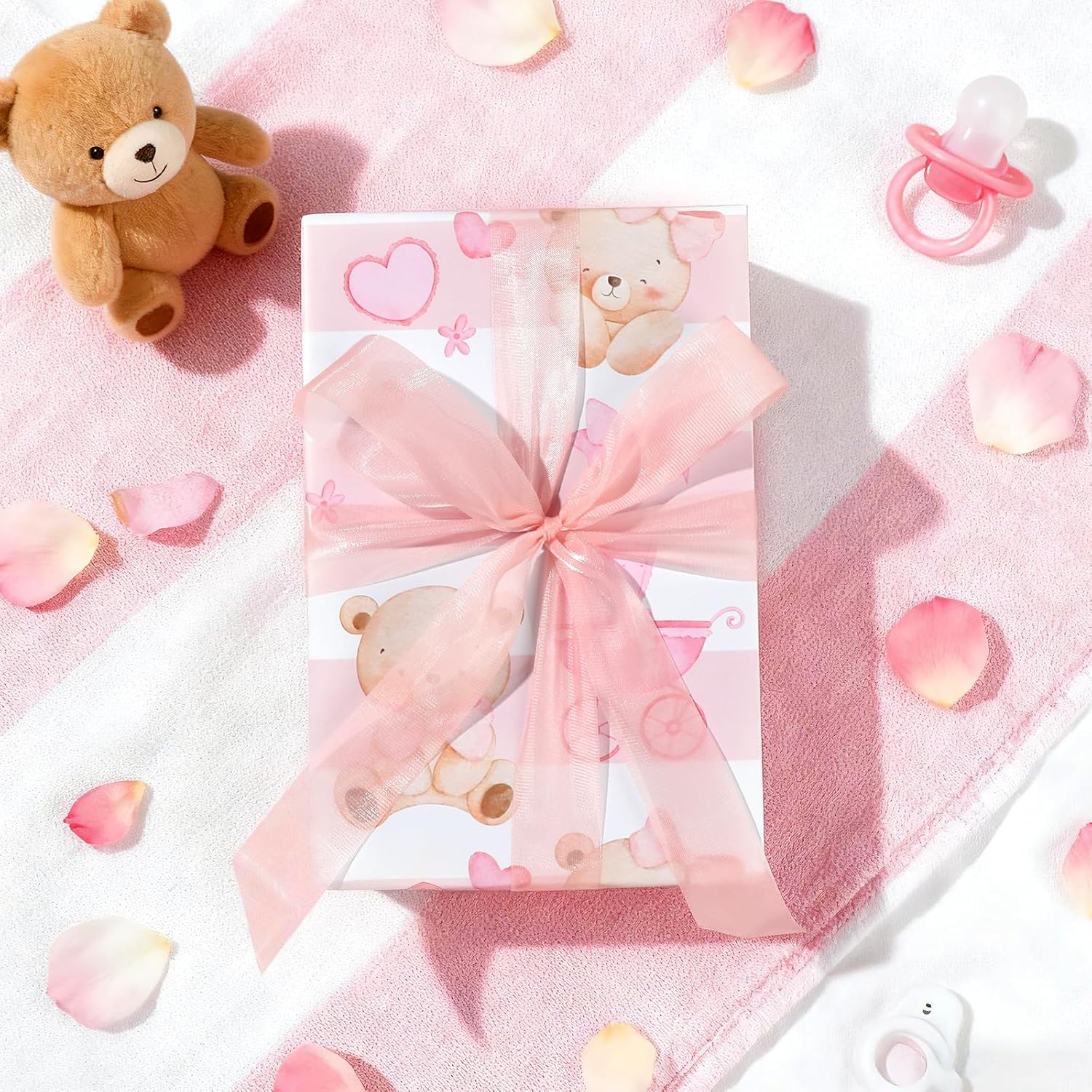 12 Sheet Pink Bear Wrapping Paper For Baby Shower, 19.7 X 27.6 In - Pink Baby Girl Gift Wrap Paper With Cute Feet For Baby Shower, Gender Reveal, Girls Birthday, Bachelorette Party, Diy Craft
