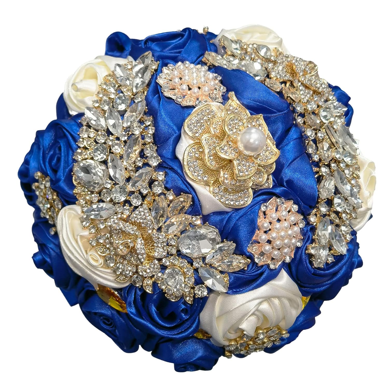 7 Inch Wedding Bouquet Satin Rose Bridal Holding Bridesmaid Gold Pearl Brooch Artificial Flower Bouquet For Indoor Church Wedding, Bridal Shower, Toss Bouquet, Quinceanera (Royal Blue Ivory)