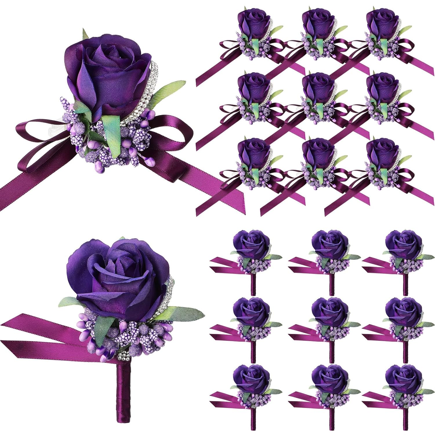 20 Pcs Wedding Corsage And Boutonniere Set Homecoming Artificial Corsage Wristlet And Boutonniere For Men Women Bride Bridesmaid Wedding Flowers Accessories Prom Suit Decorations (Purple)