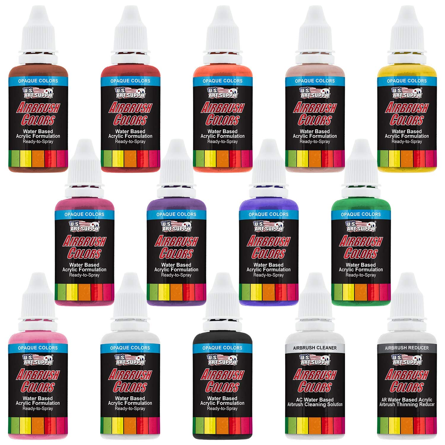 Airbrush Paint Set - 12 Color Ready To Spray Air Brush Paint, 1-Ounce Water-Based Acrylic Primary Opaque With Reducer & Cleaner For Painting Metal, Plastic Models, Canvas, Wood