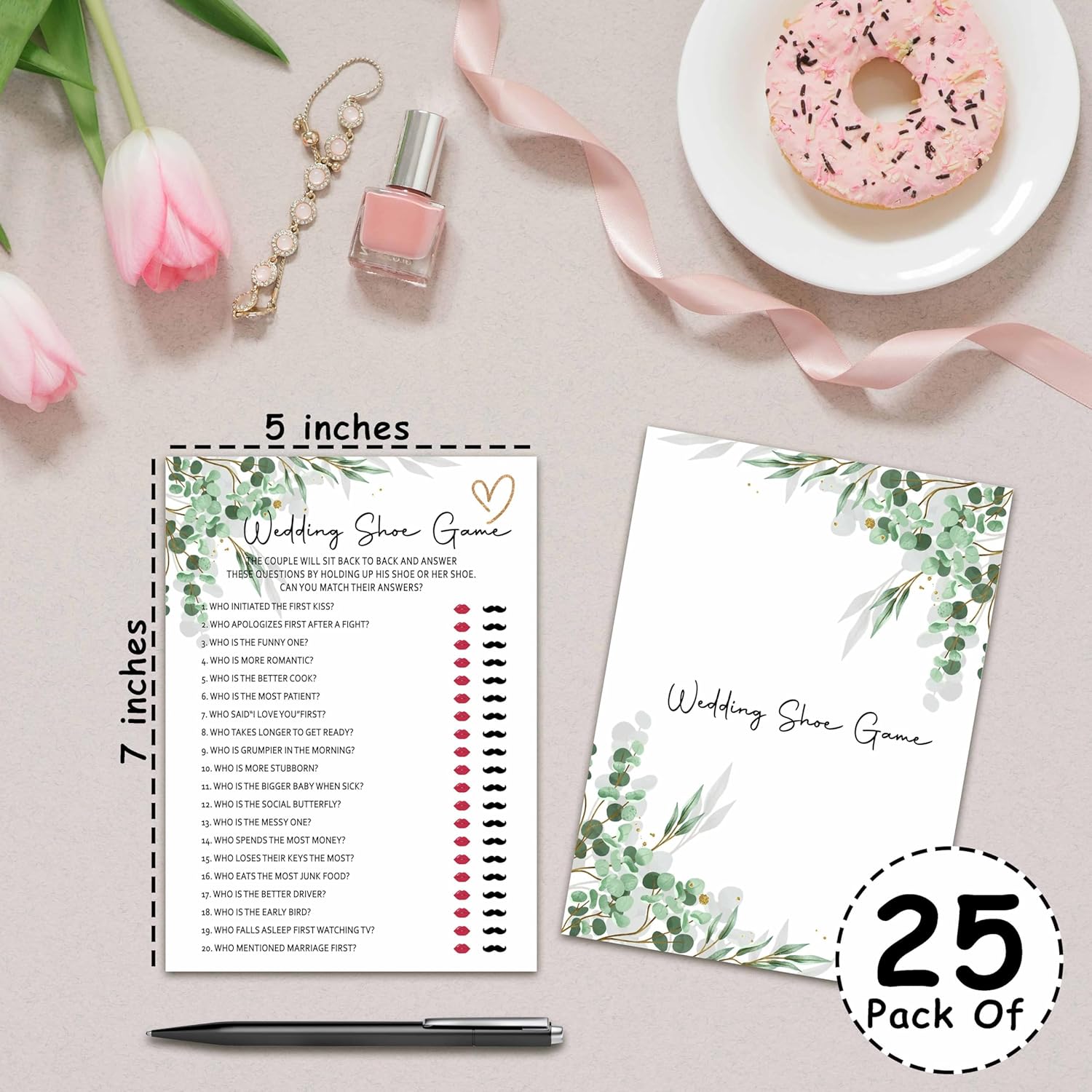 Bridal Shower Party Games, Wedding Shoe Game Minimalist Wedding Shower Game For Adults, 25 Eucalyptus Greenery Engagement Party Games Cards (5" X 7"), Bachelorette Party Supplies Decorations -07