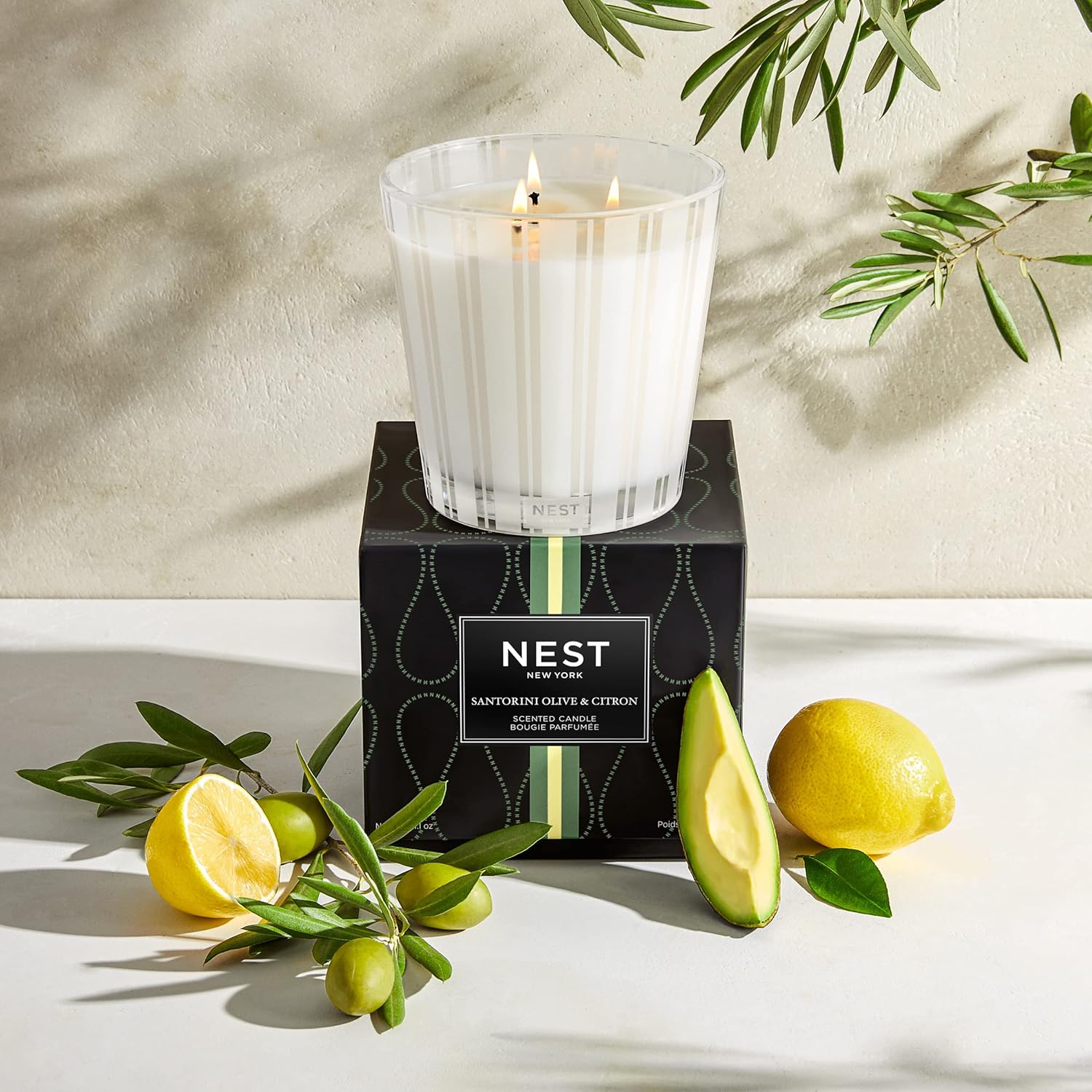 Scented 3-Wick Candle, Santorini Olive & Citron - 21.2 Oz - Up To 100-Hour Burn Time - Reusable Glass Vessel