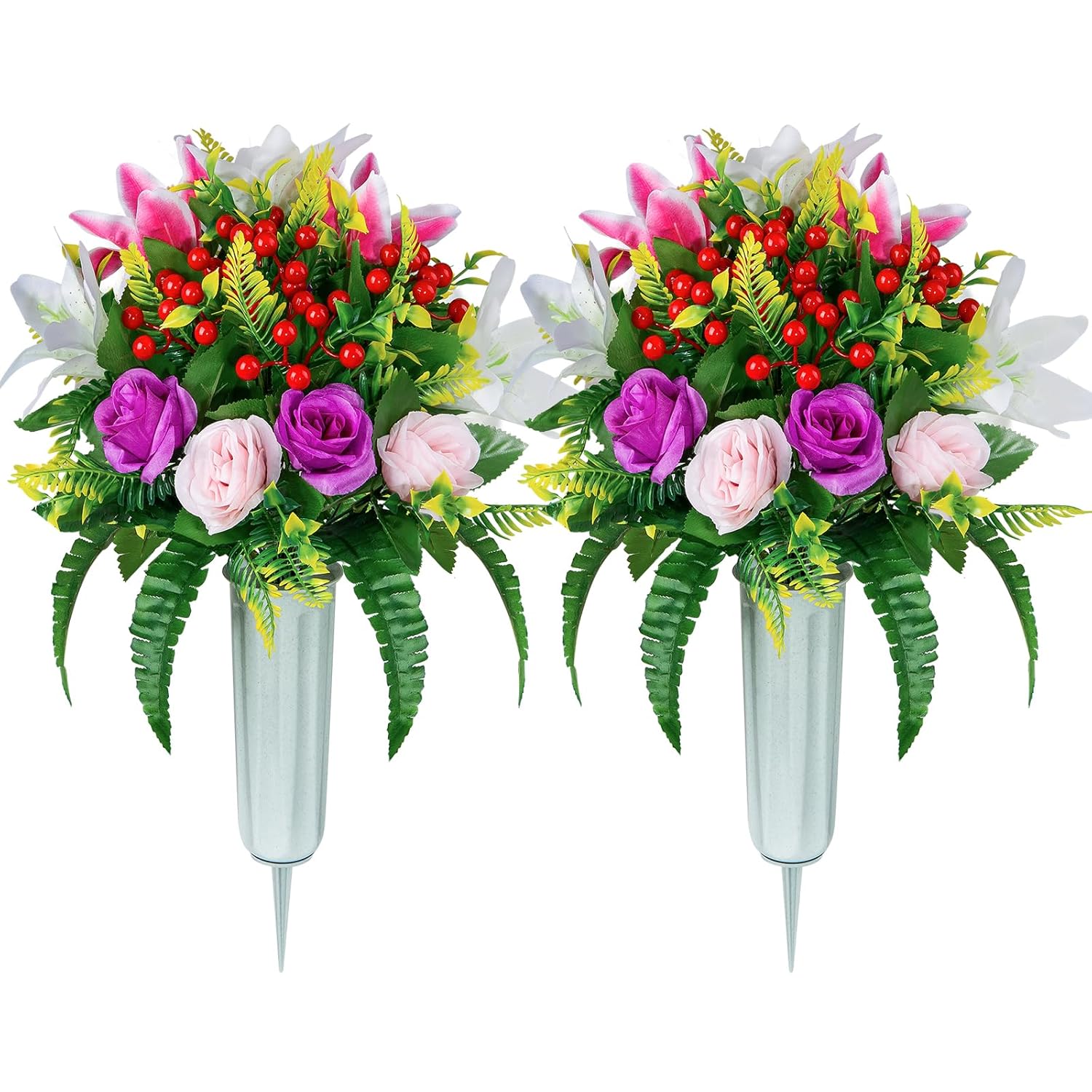 Artificial Cemetery Flowers With Vase, Set Of 2 Artificial Rose Lily Bouquet Grave Memorial Flowers For Cemetery Headstones Gravesites Outdoor Decoration (Purple&Pink)